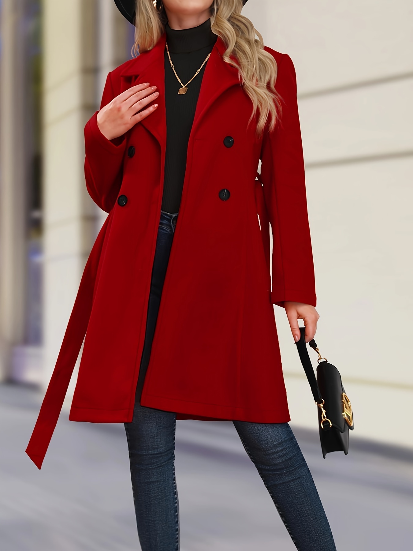 solid double breasted bea coat elegant long sleeve outwear for fall winter womens clothing details 1