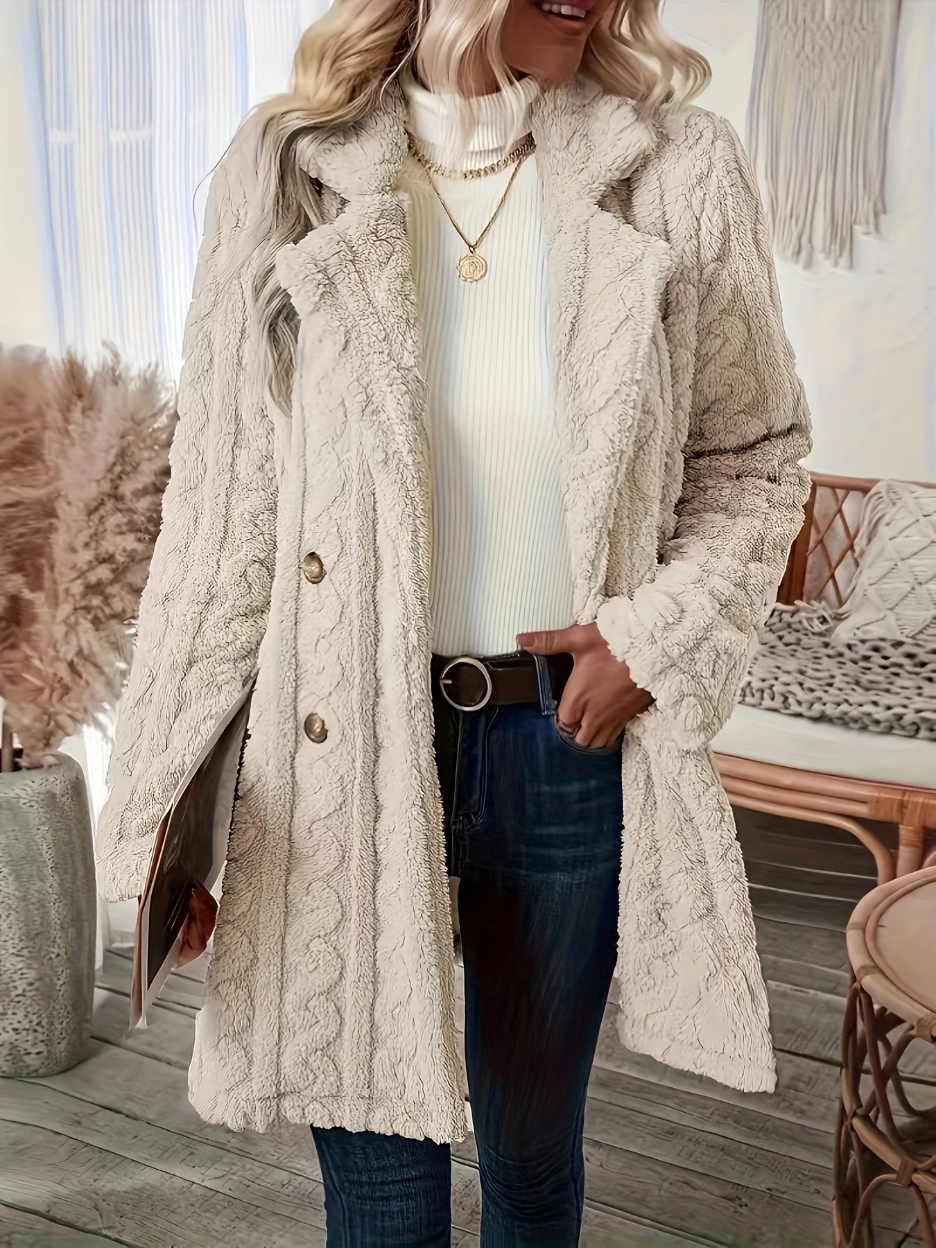 double breasted plush textured coat, double breasted plush textured coat thermal notched collar long sleeve teddy bear coat womens clothing details 3