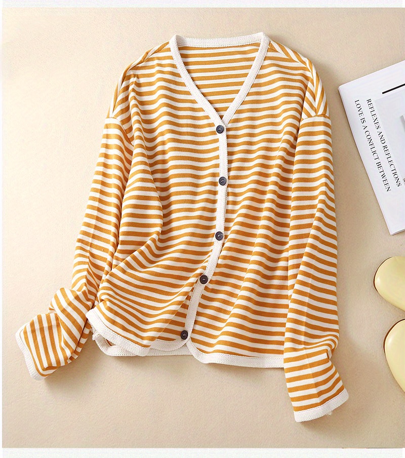 striped print button front jacket casual v neck long sleeve outerwear for spring summer womens clothing details 3