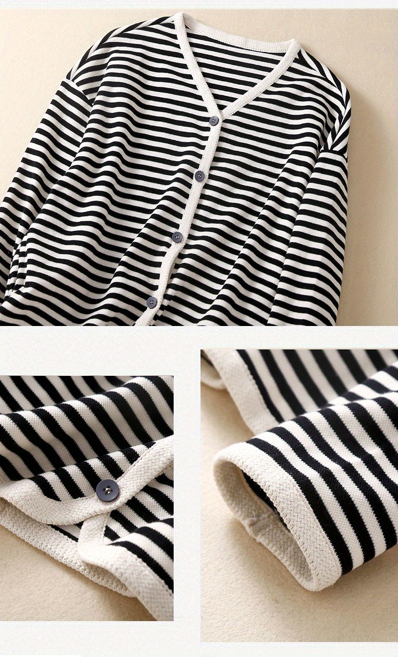 striped print button front jacket casual v neck long sleeve outerwear for spring summer womens clothing details 9