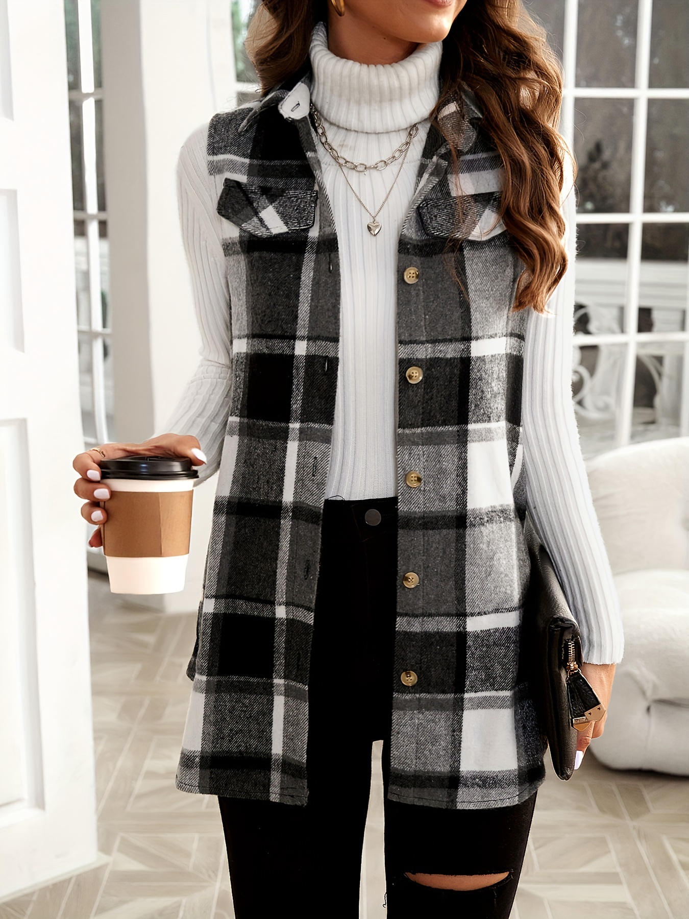 plaid pattern sleeveless vest casual button front vest womens clothing details 12