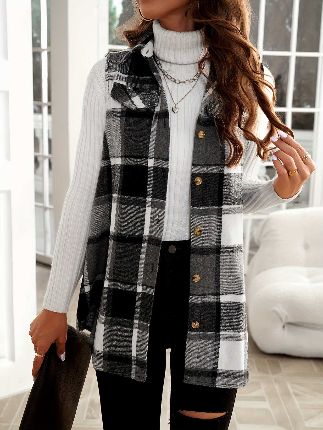 plaid pattern sleeveless vest casual button front vest womens clothing details 15