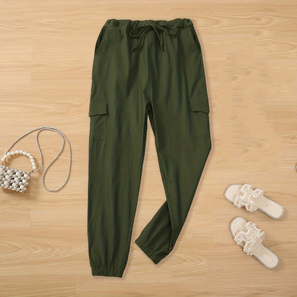 y2k solid drawstring cargo pants casual elastic waist long length pants with pockets womens clothing details 8