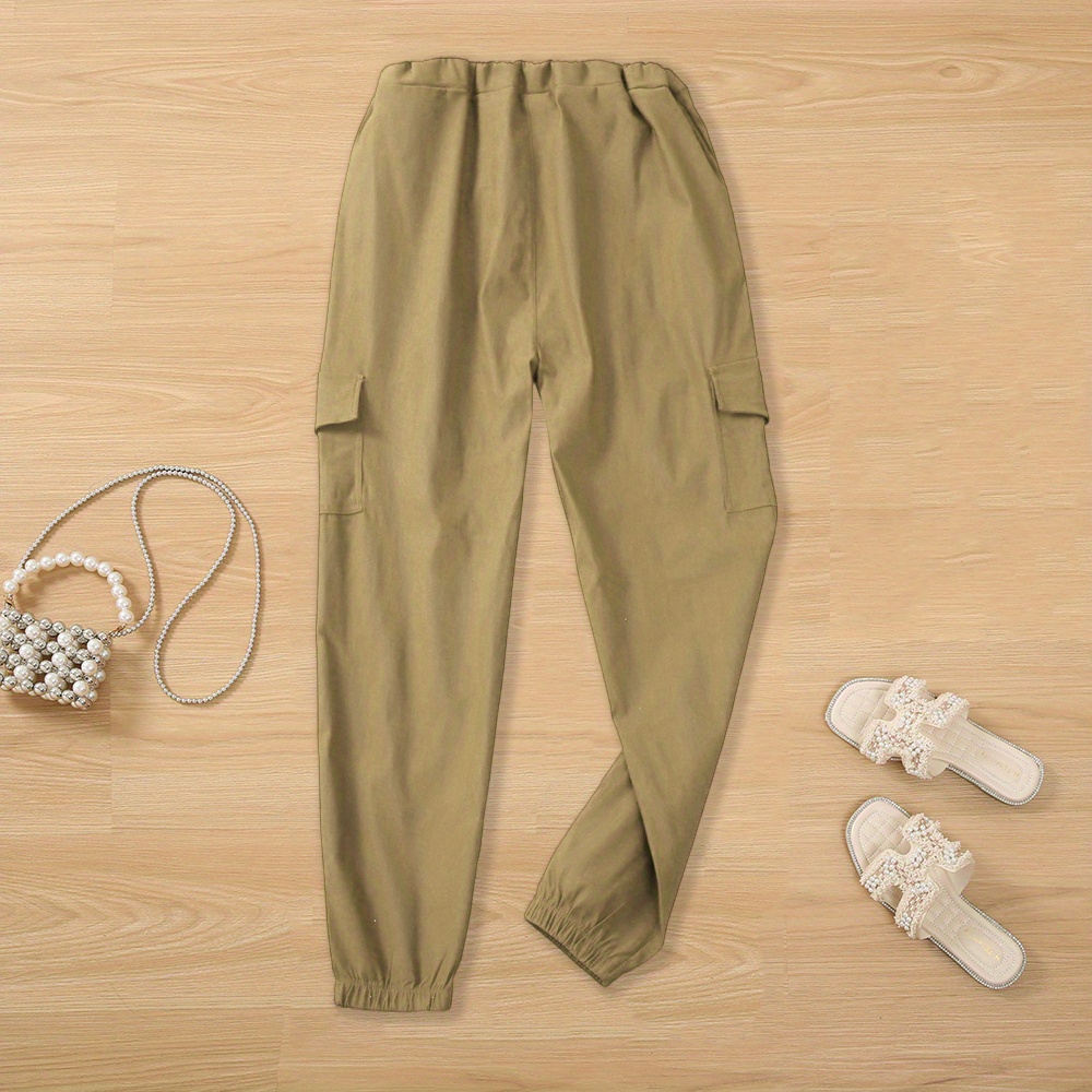 y2k solid drawstring cargo pants casual elastic waist long length pants with pockets womens clothing details 11