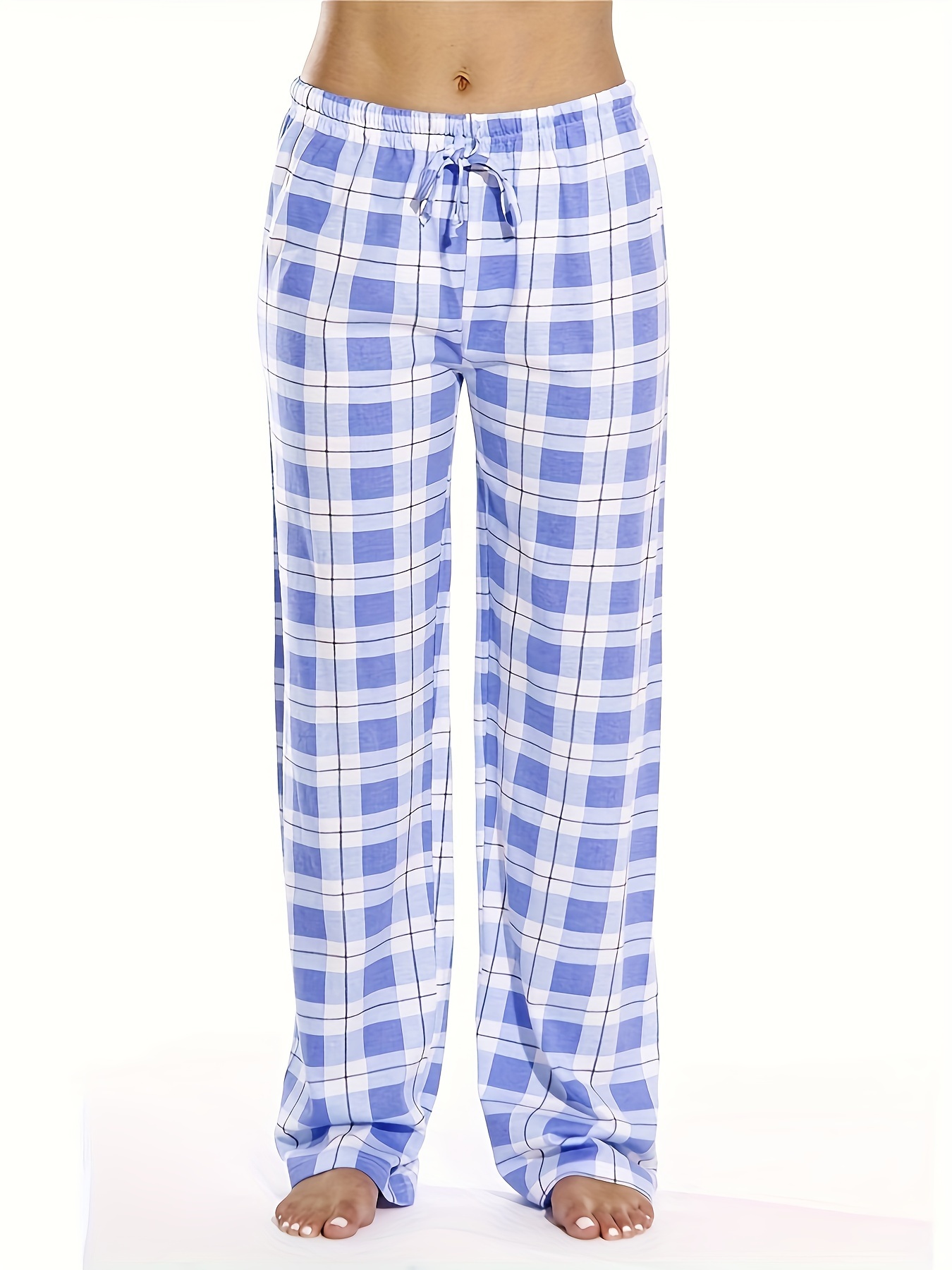 plaid pattern drawstring pants casual wide leg pants womens clothing details 0