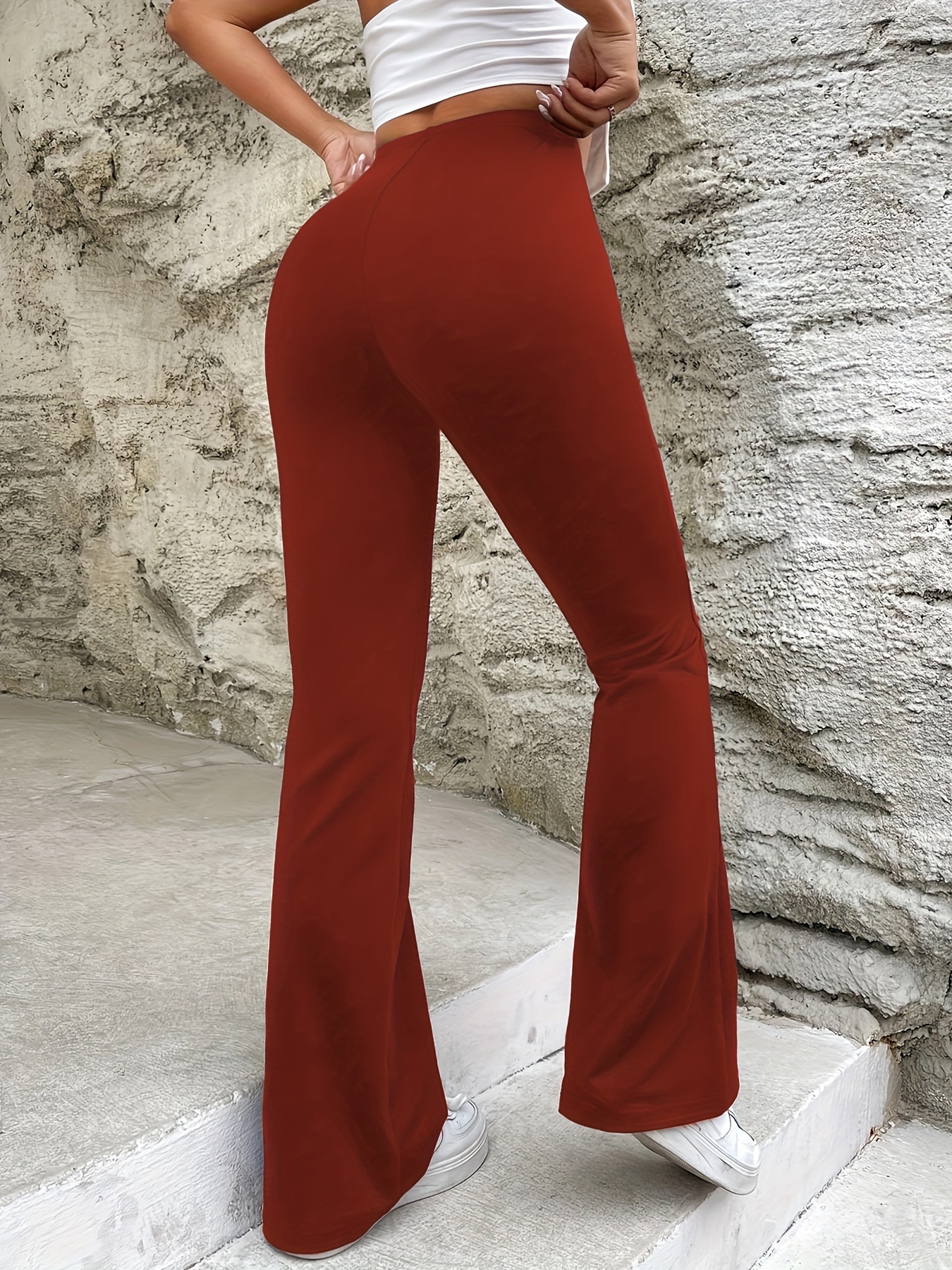 solid color flare leg pants casual elastic waist loose pants womens clothing details 1