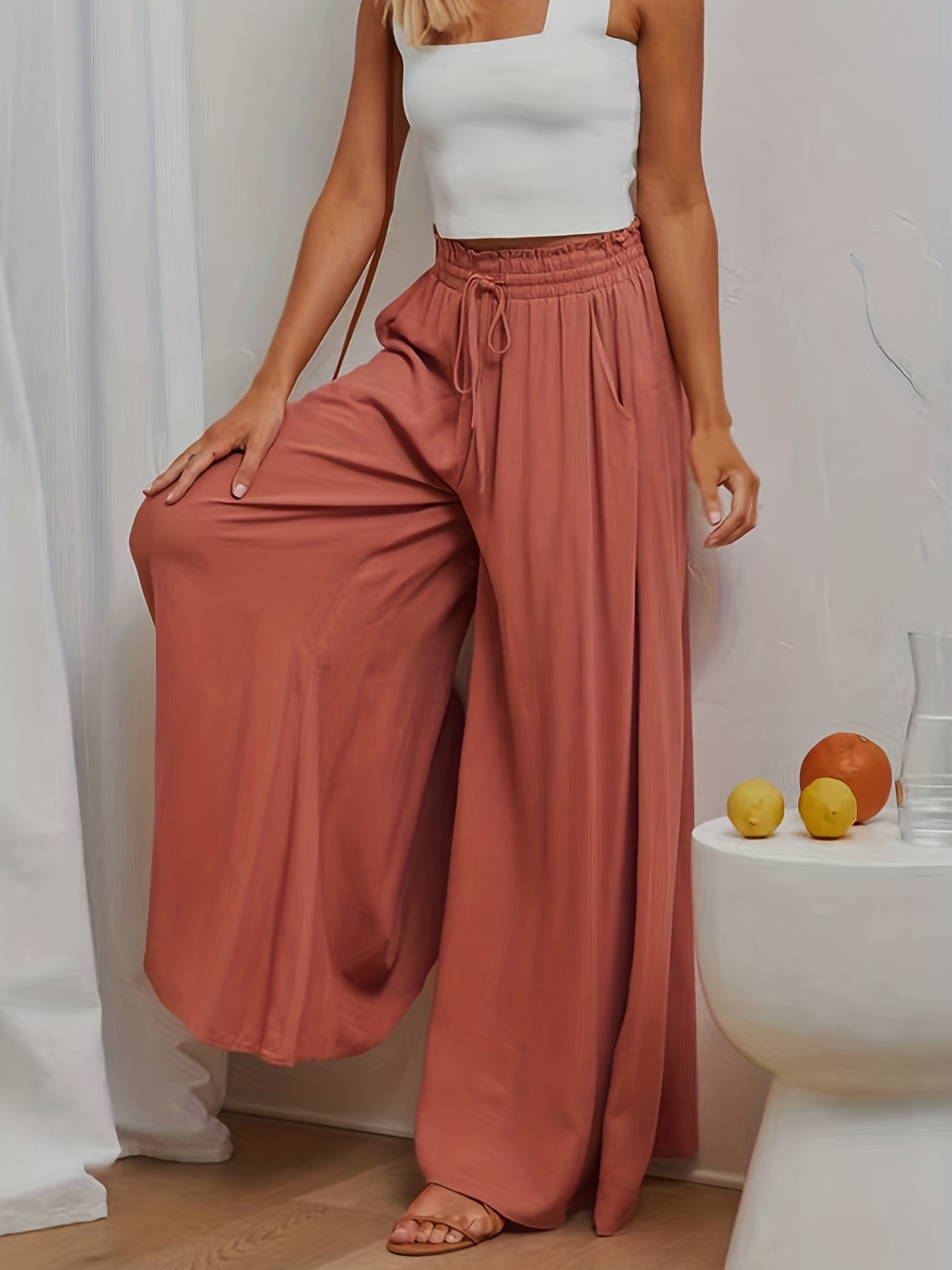 womens wide leg palazzo pants flowy ruffle solid pants womens clothing details 27