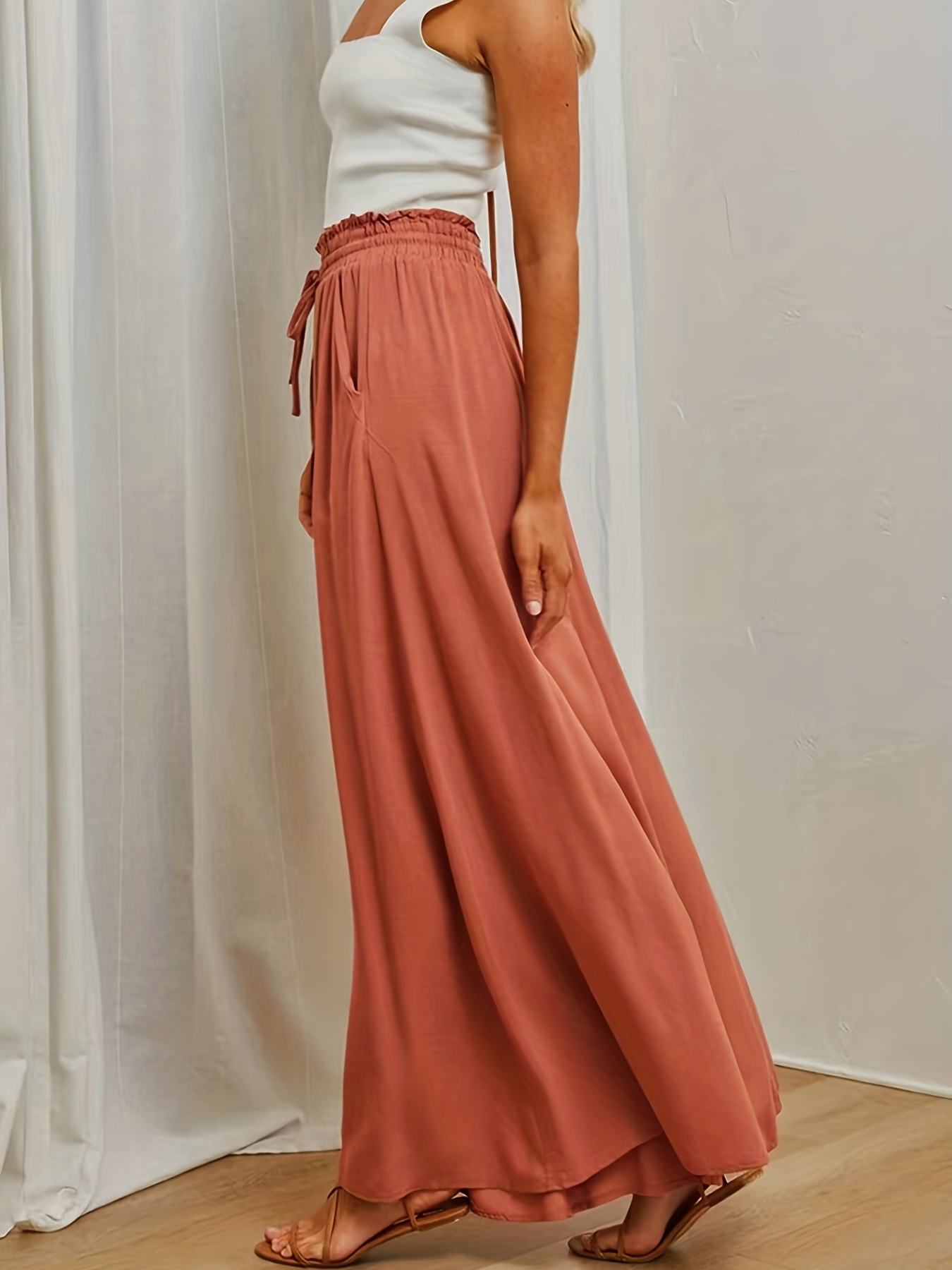 womens wide leg palazzo pants flowy ruffle solid pants womens clothing details 28