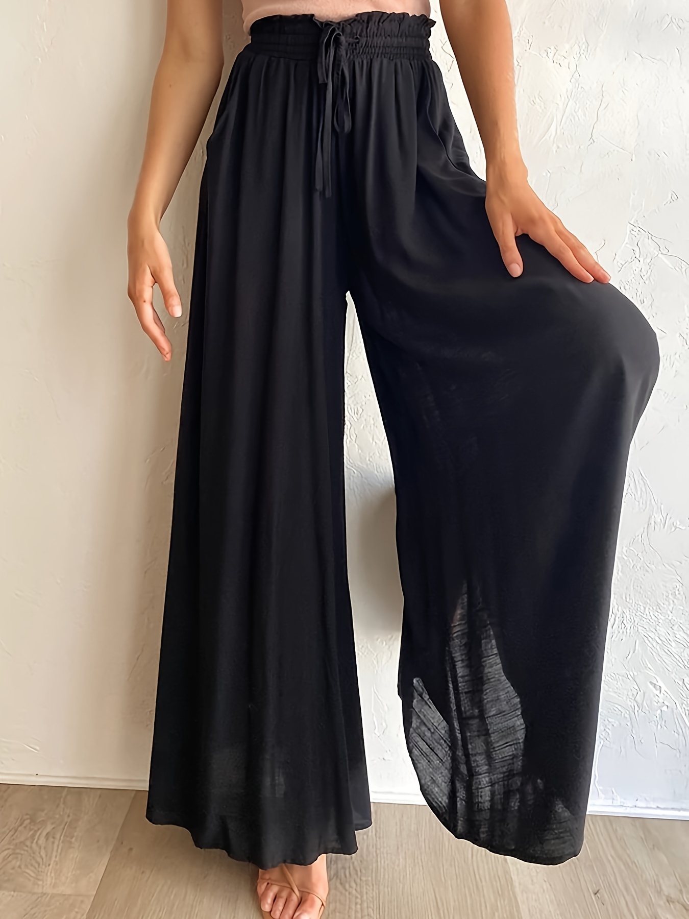 womens wide leg palazzo pants flowy ruffle solid pants womens clothing details 35