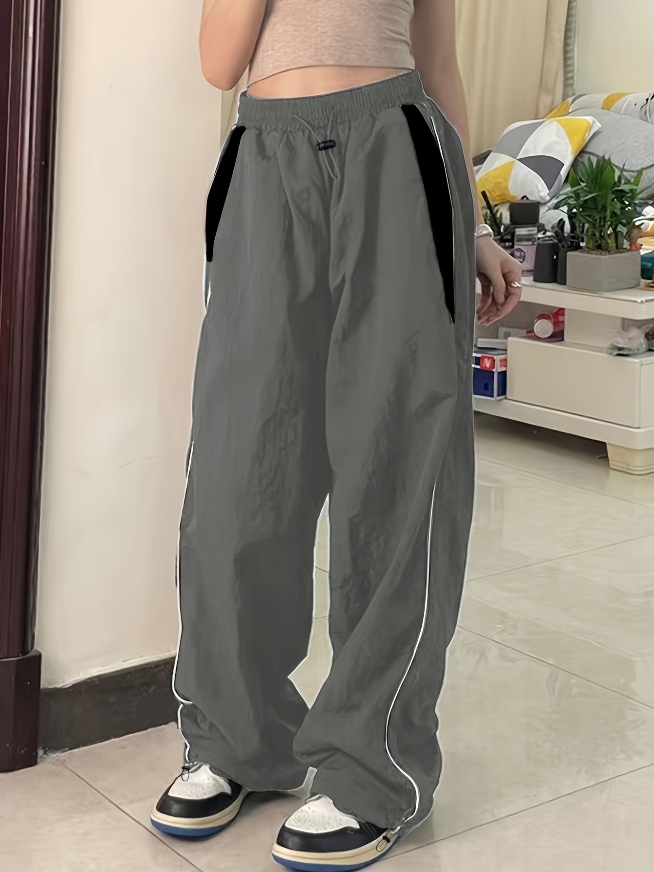 color block cargo pants y2k drawstring elastic waist wide leg pants womens clothing details 0