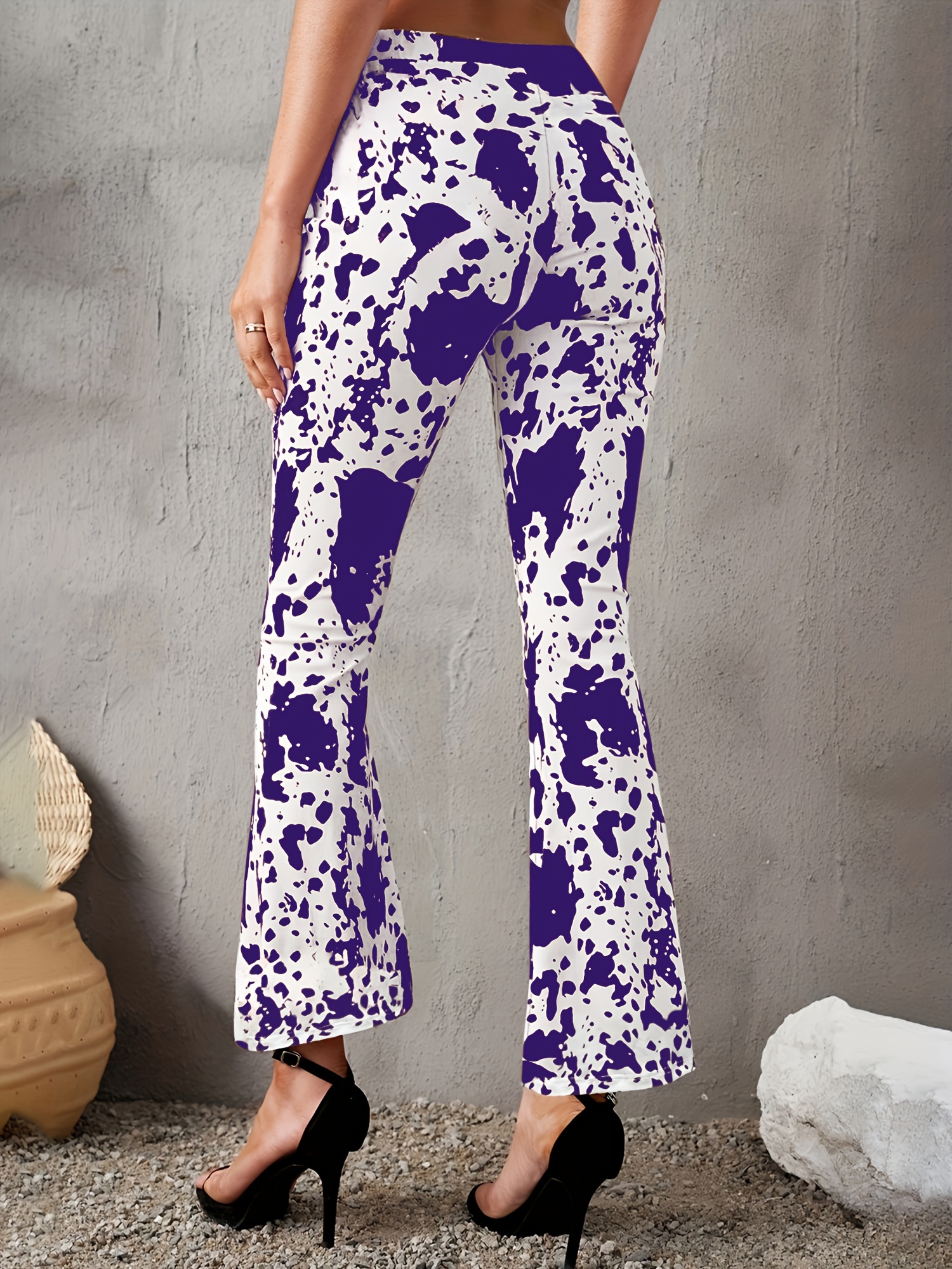 cow print flare leg ankle pants elegant elastic waist slim pants womens clothing details 1