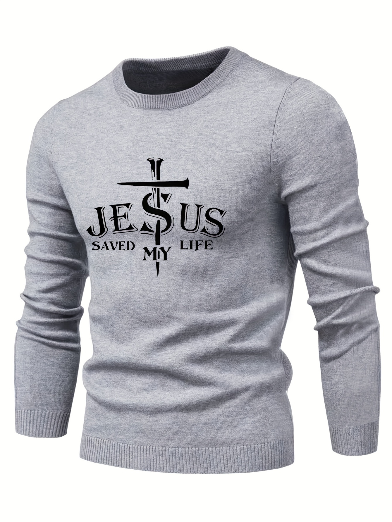 jesus saved my life print all match knitted sweater mens casual warm mid stretch crew neck pullover sweater for men fall winter details 2