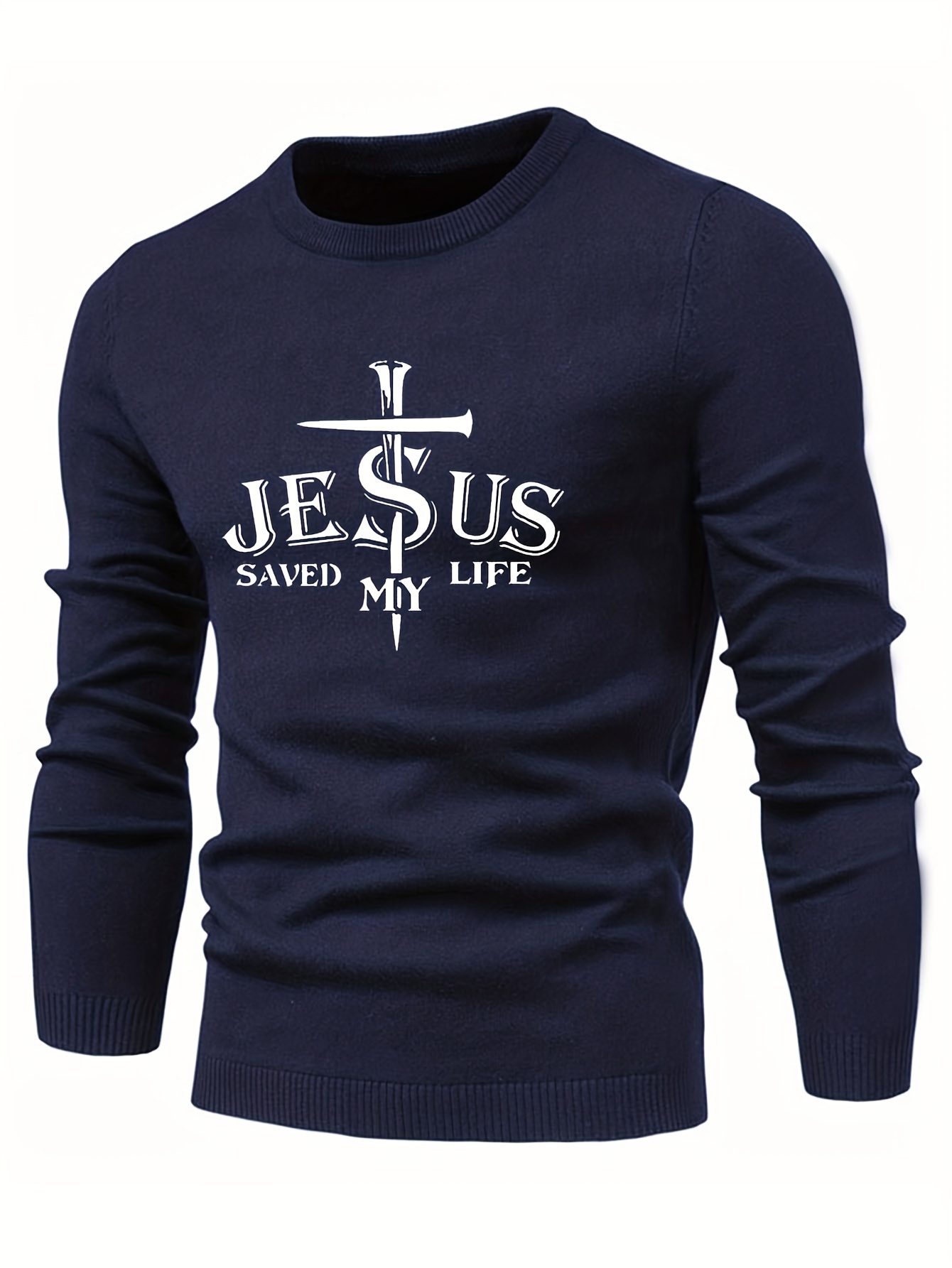 jesus saved my life print all match knitted sweater mens casual warm mid stretch crew neck pullover sweater for men fall winter details 17