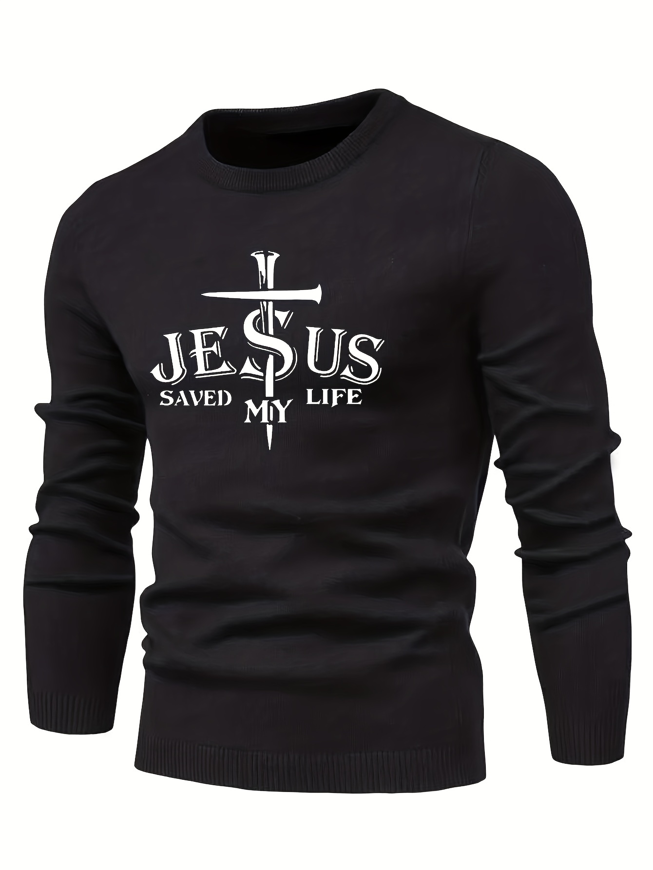 jesus saved my life print all match knitted sweater mens casual warm mid stretch crew neck pullover sweater for men fall winter details 22