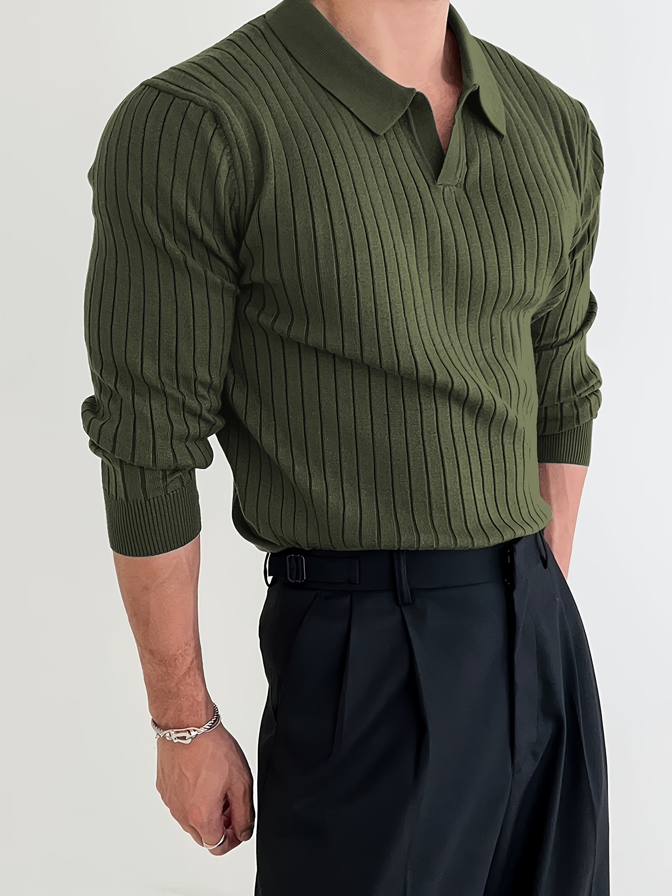 solid chic knit shirt mens casual lapel slightly stretch v neck pullover sweater for autumn winter details 11