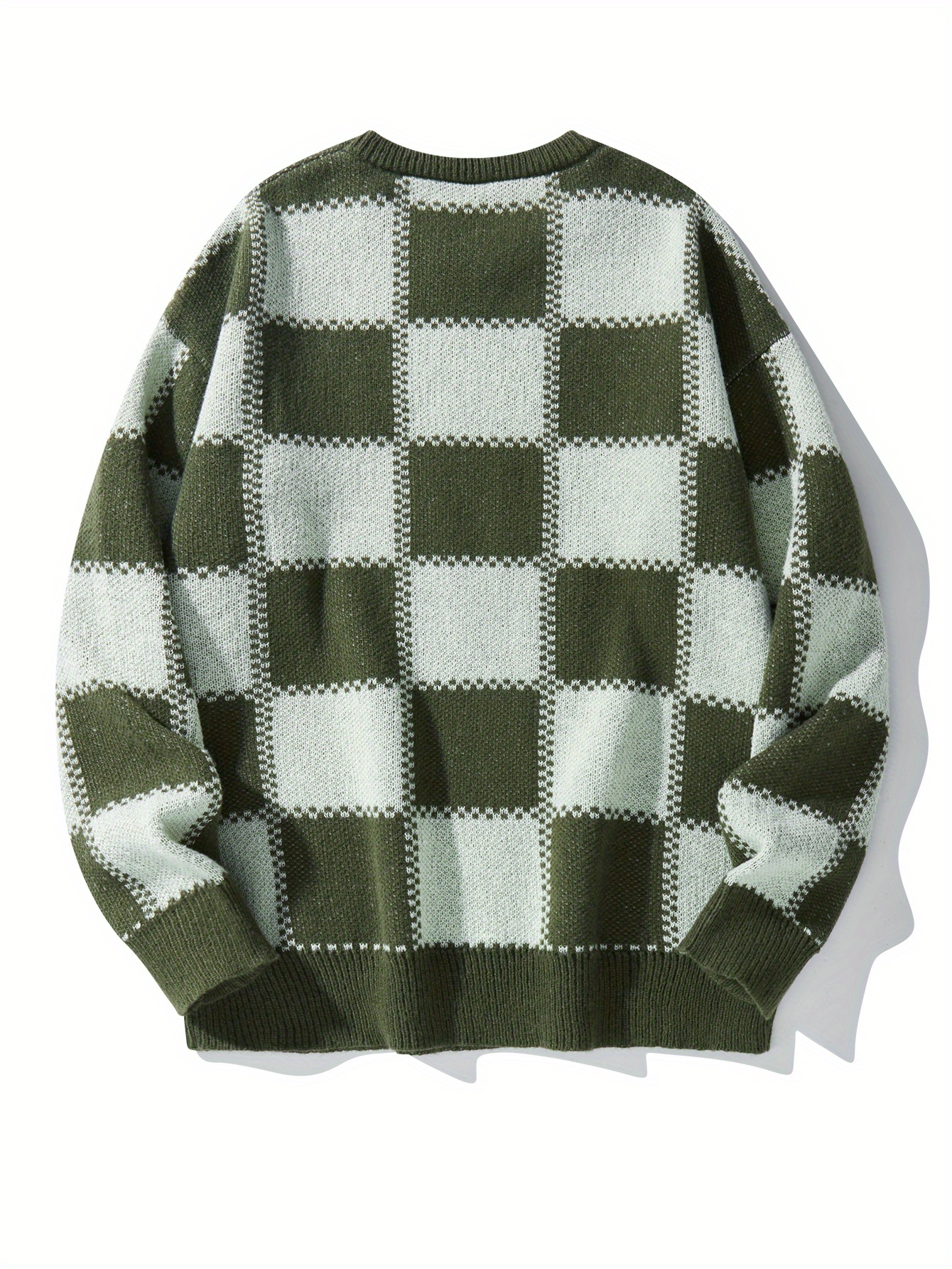 mens checkerboard knitted sweater warm and stretchy casual pullover for fall and winter details 1