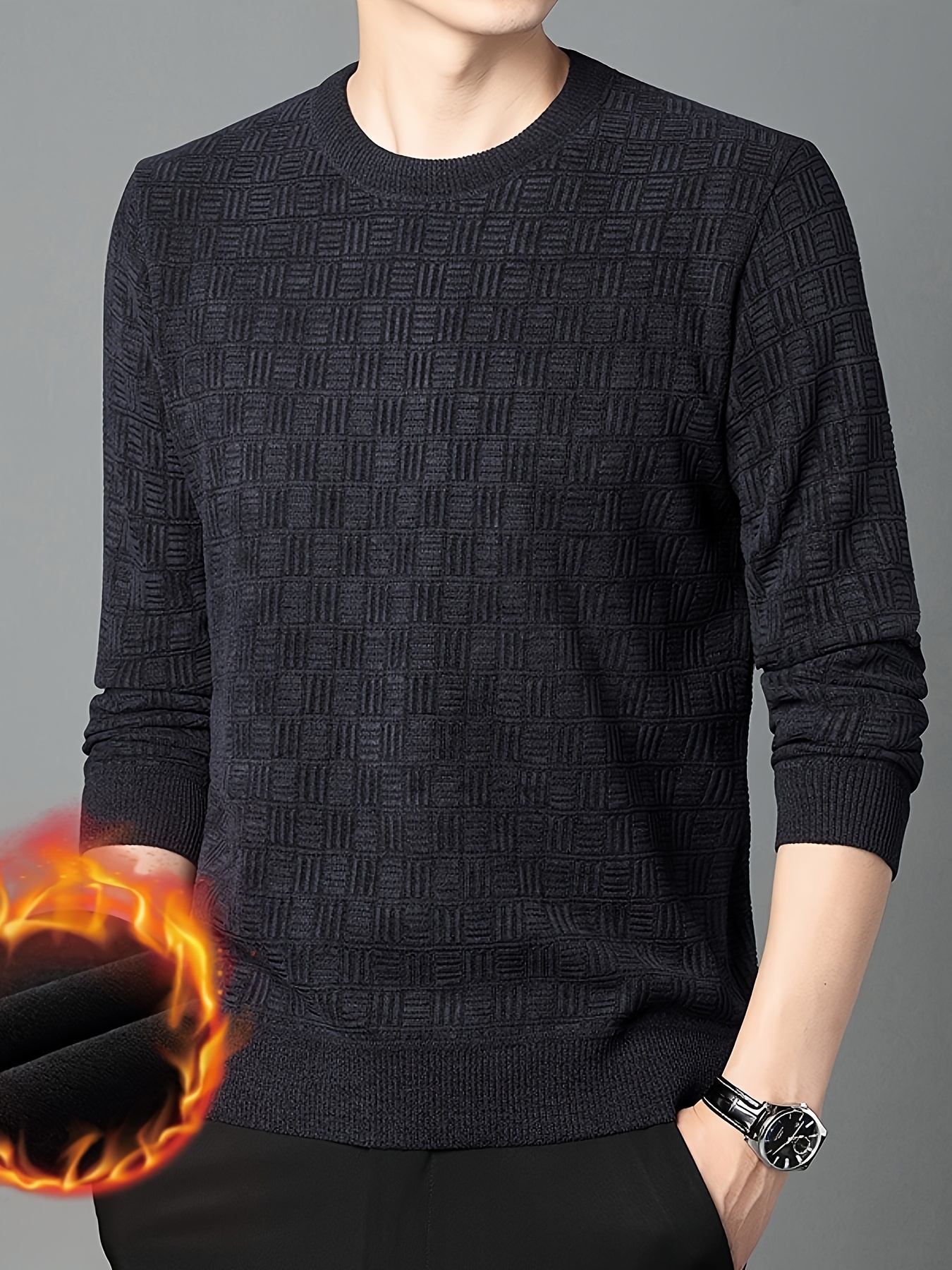 thermal knitted cable jacquard sweater mens casual warm slightly stretch crew neck pullover sweater for men fall winter details 10