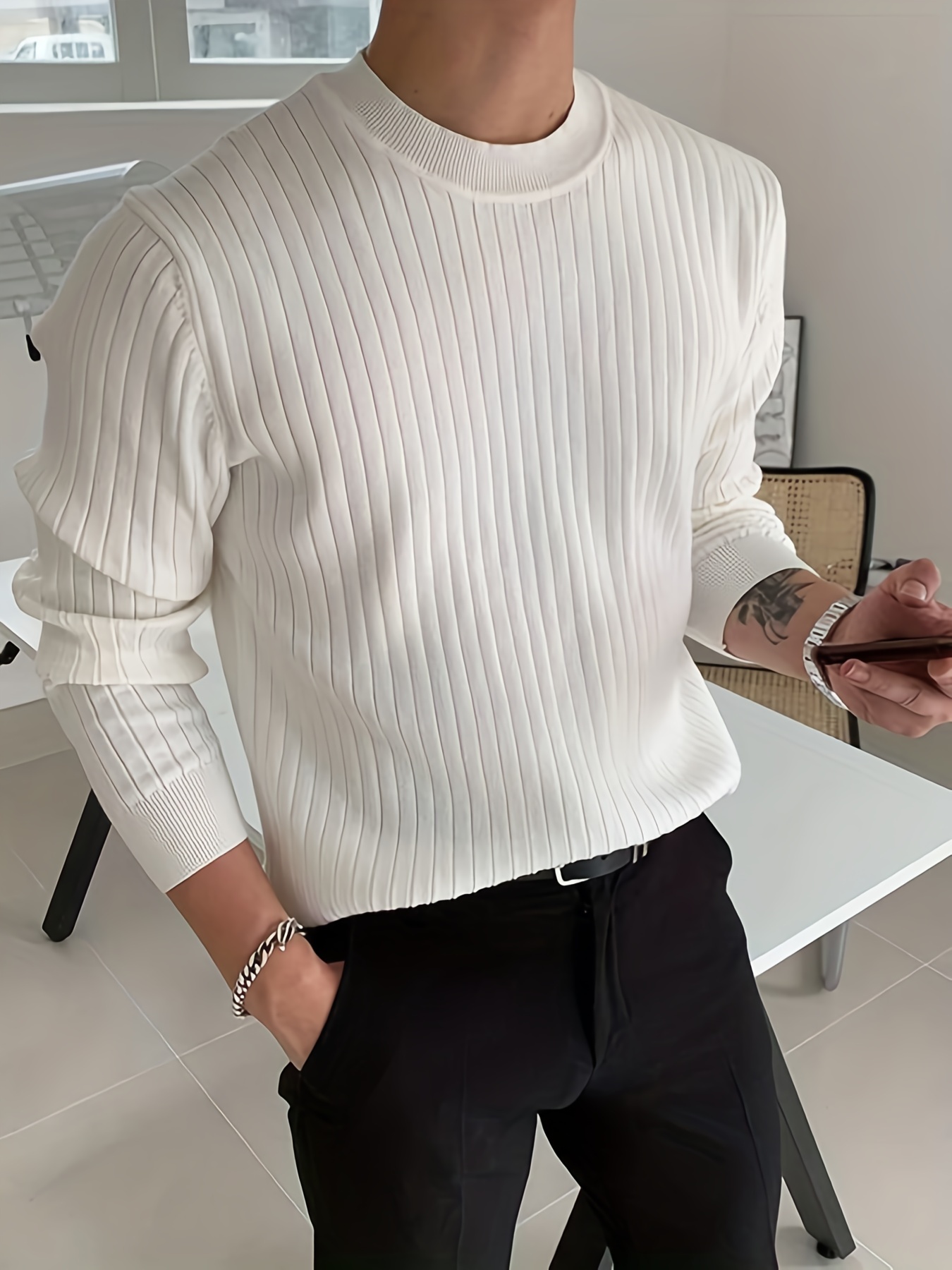 mens fashion long sleeve solid knitted sweater mens pullover for autumn winter details 8