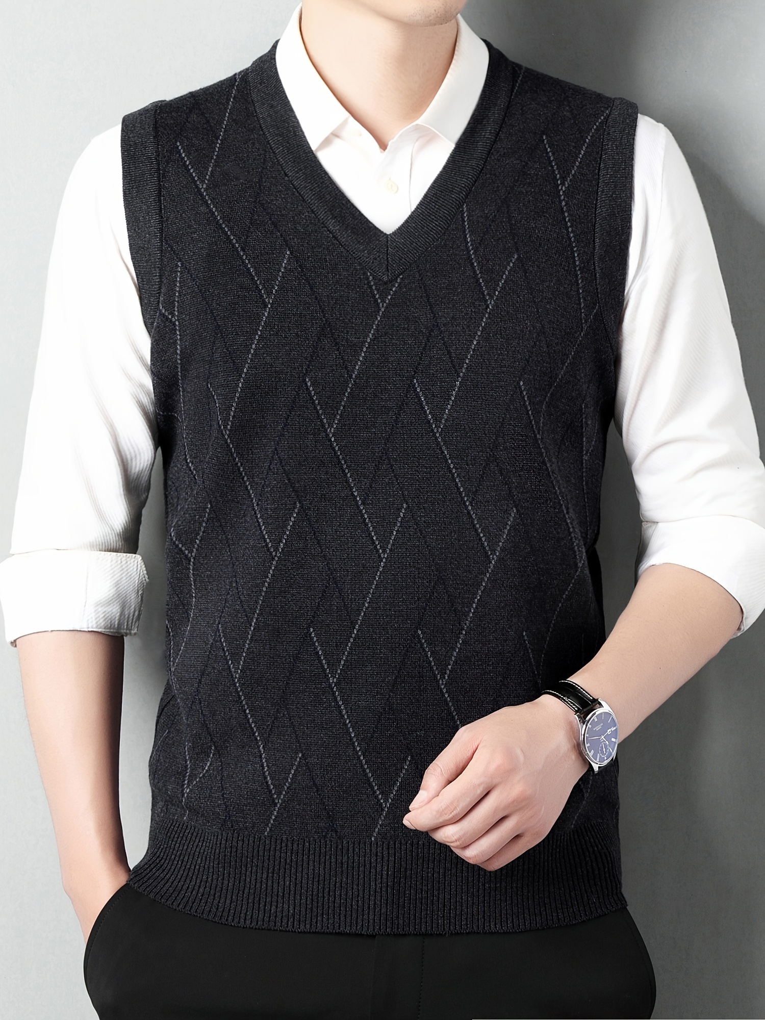 mens v neck cable casual sleeveless knitted sweater vest mens clothing for autumn winter details 5