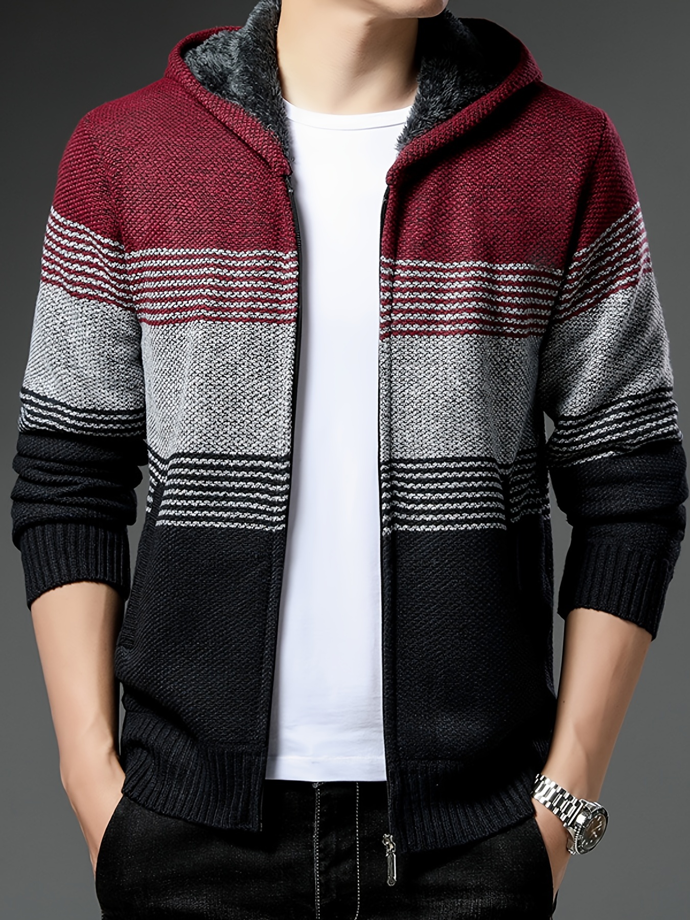 regular fit knitted sweater jacket coat, mens full zip up casual fleece lined hooded cardigan regular fit knitted sweater jacket coat with pockets for winter fall details 6