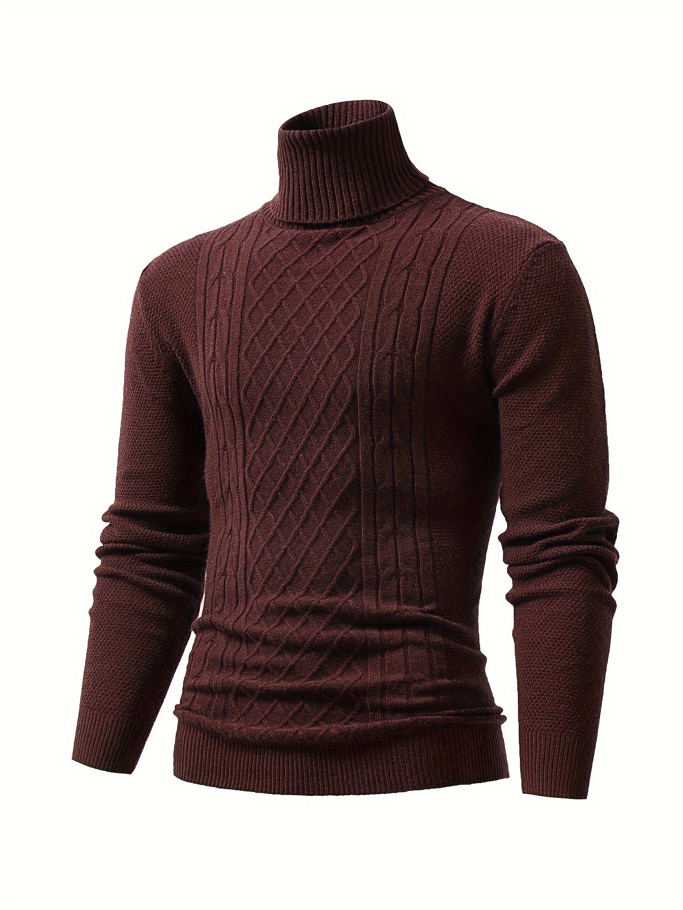 turtle neck knitted cable sweater mens casual warm solid high stretch pullover sweater for fall winter details 0