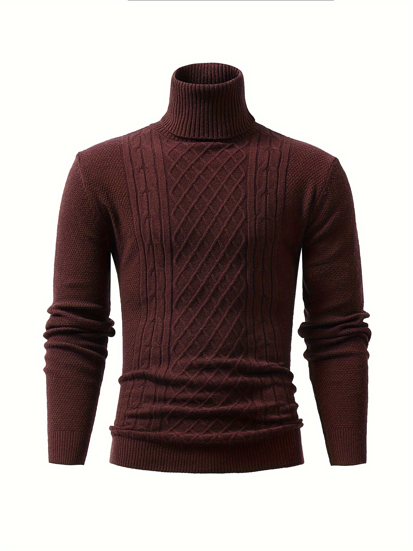 turtle neck knitted cable sweater mens casual warm solid high stretch pullover sweater for fall winter details 1