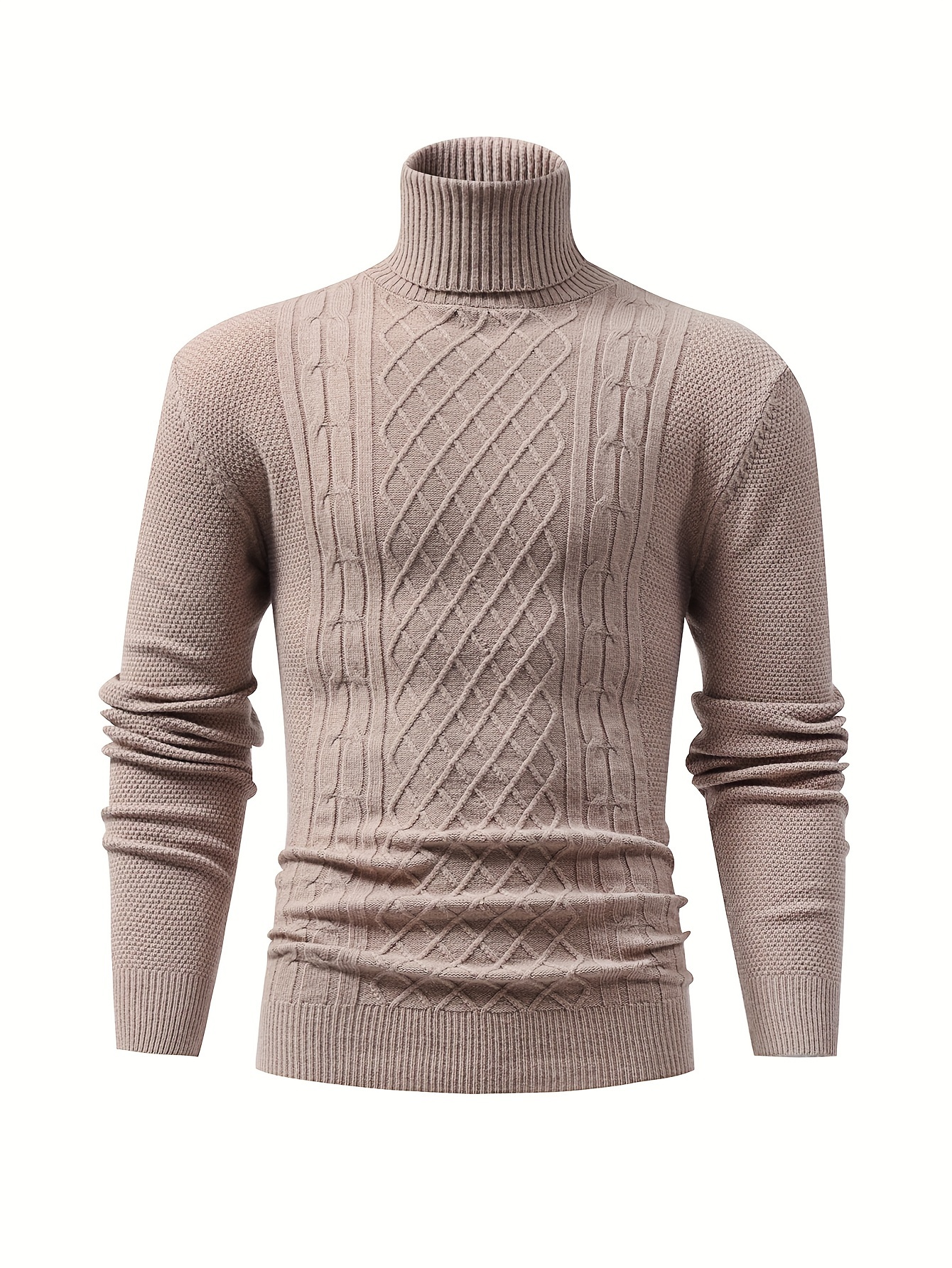 turtle neck knitted cable sweater mens casual warm solid high stretch pullover sweater for fall winter details 8