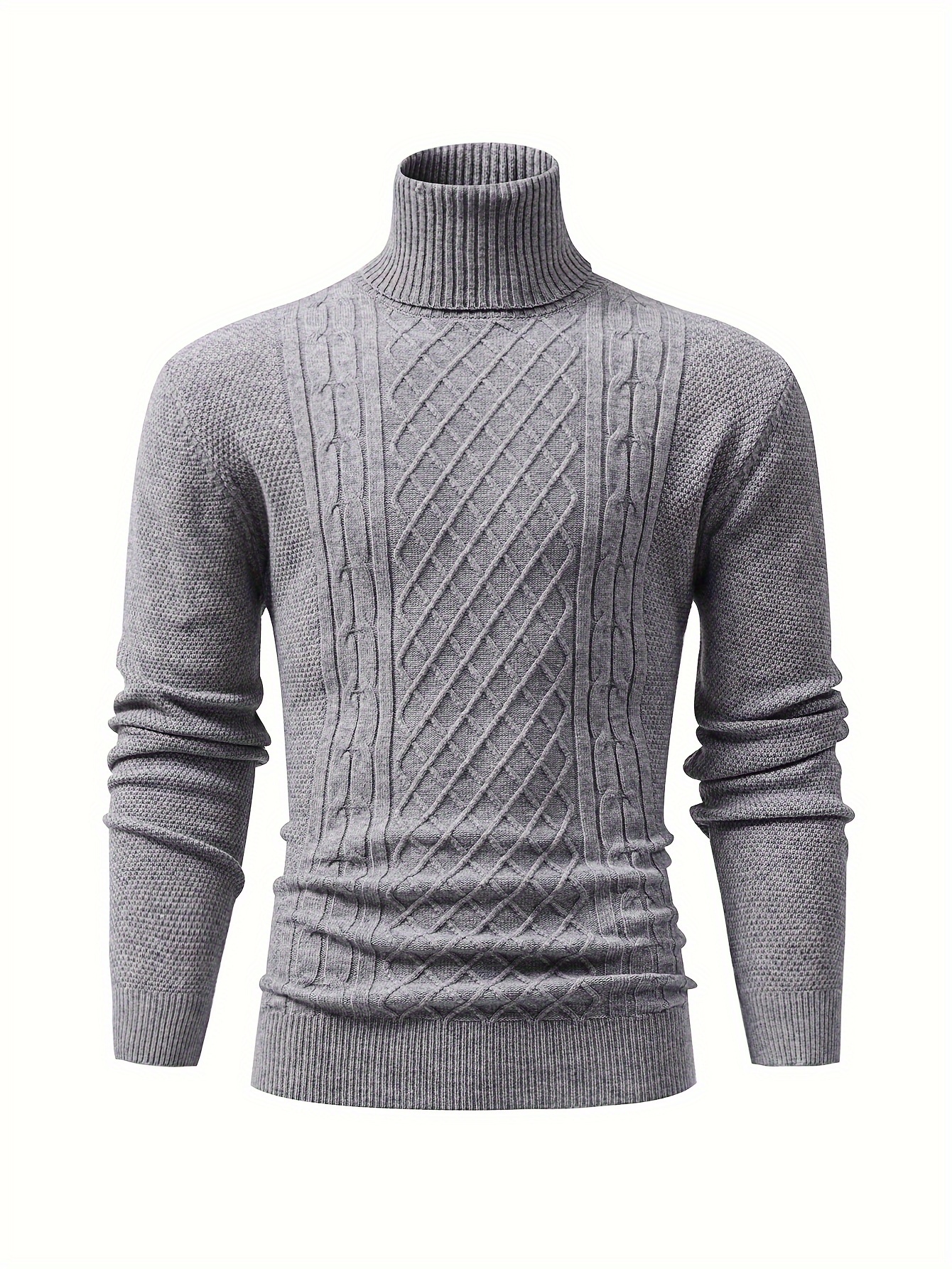 turtle neck knitted cable sweater mens casual warm solid high stretch pullover sweater for fall winter details 14