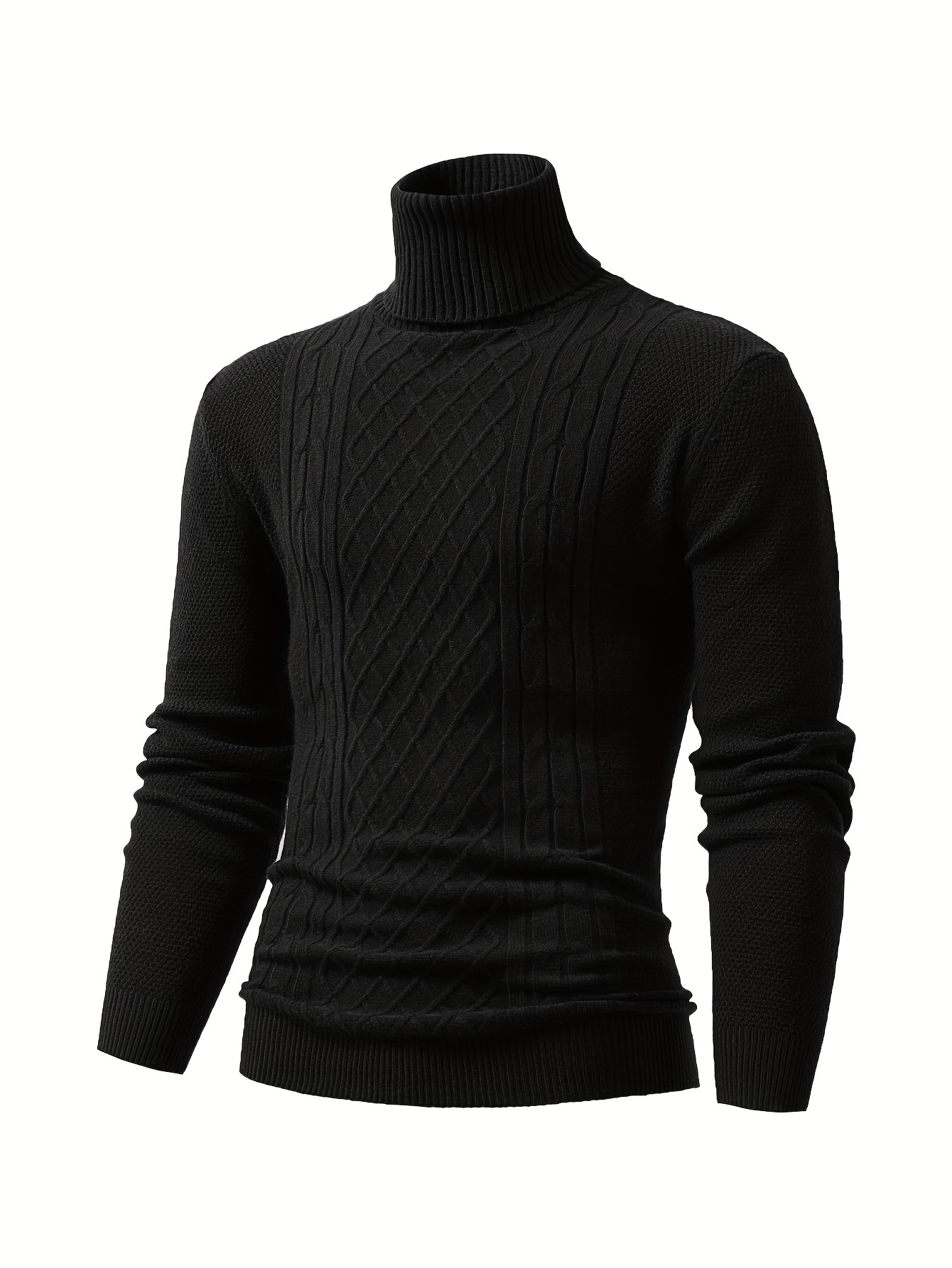 turtle neck knitted cable sweater mens casual warm solid high stretch pullover sweater for fall winter details 34