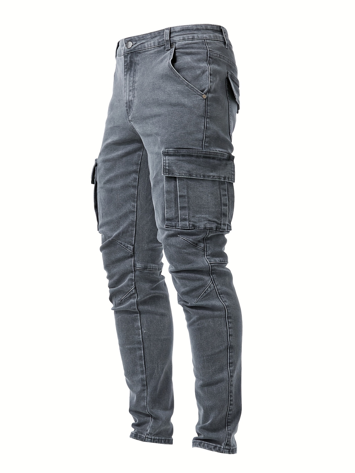 mens casual multi pocket jeans street style medium stretch denim pants details 6