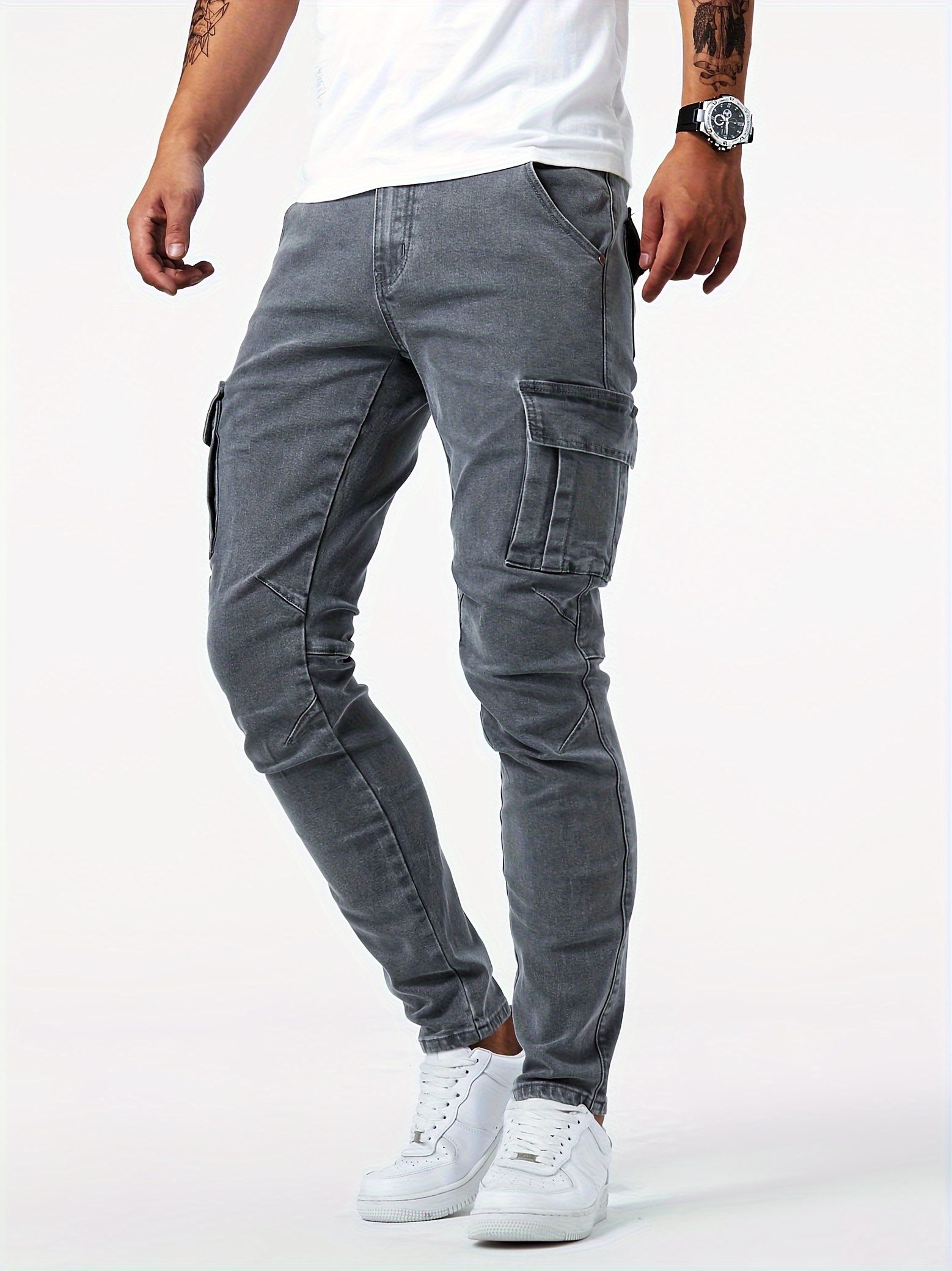 slim fit cargo jeans mens casual street style multi pocket high stretch denim pants for spring summer details 2