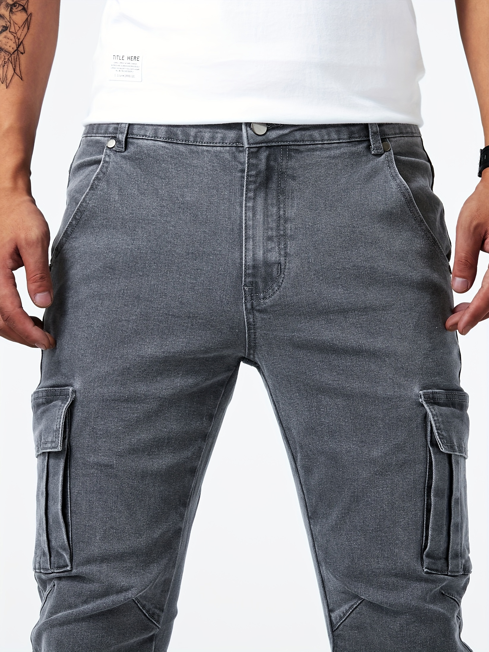 slim fit cargo jeans mens casual street style multi pocket high stretch denim pants for spring summer details 6