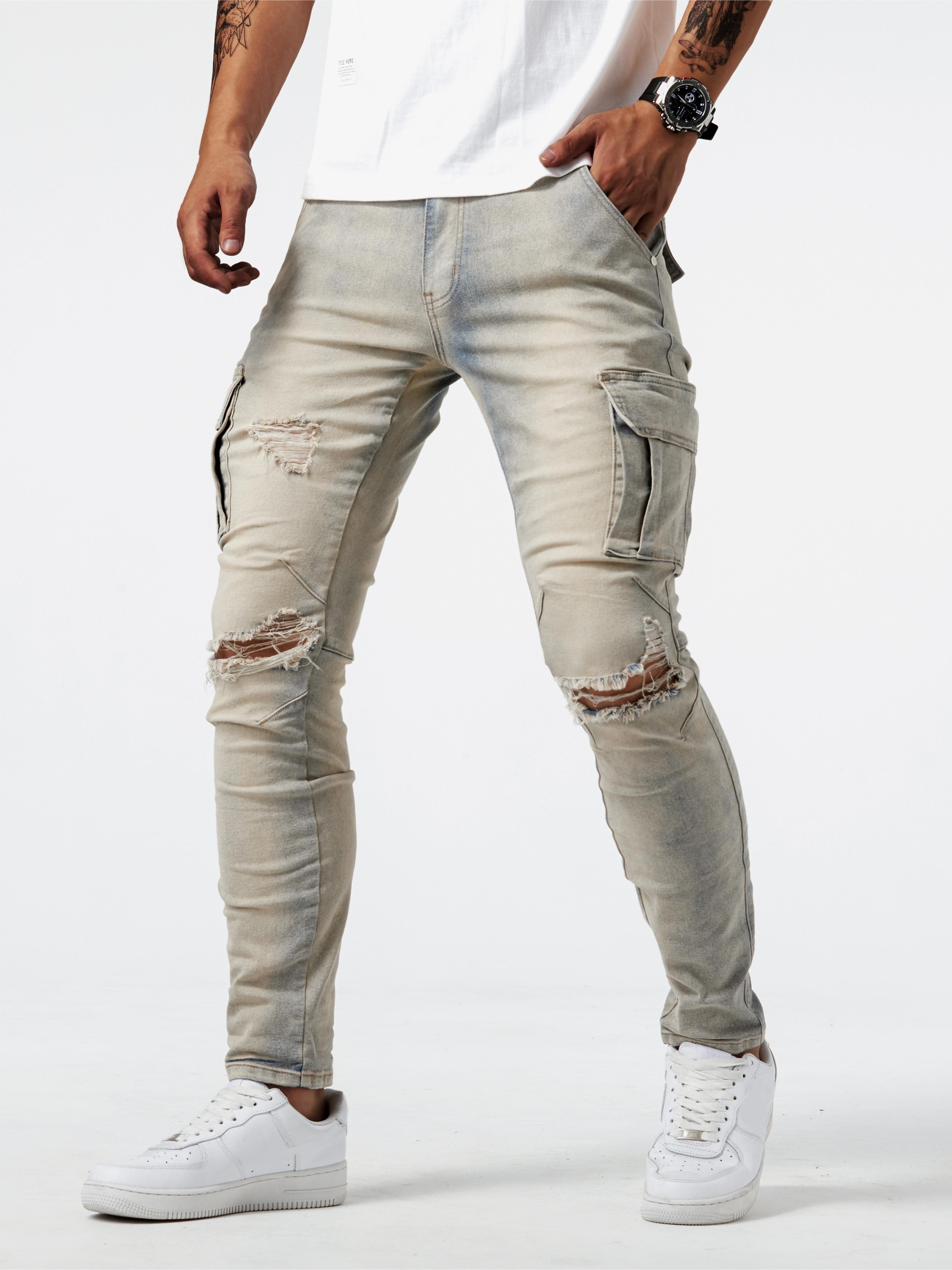 slim fit cargo jeans mens casual street style multi pocket high stretch denim pants for spring summer details 7