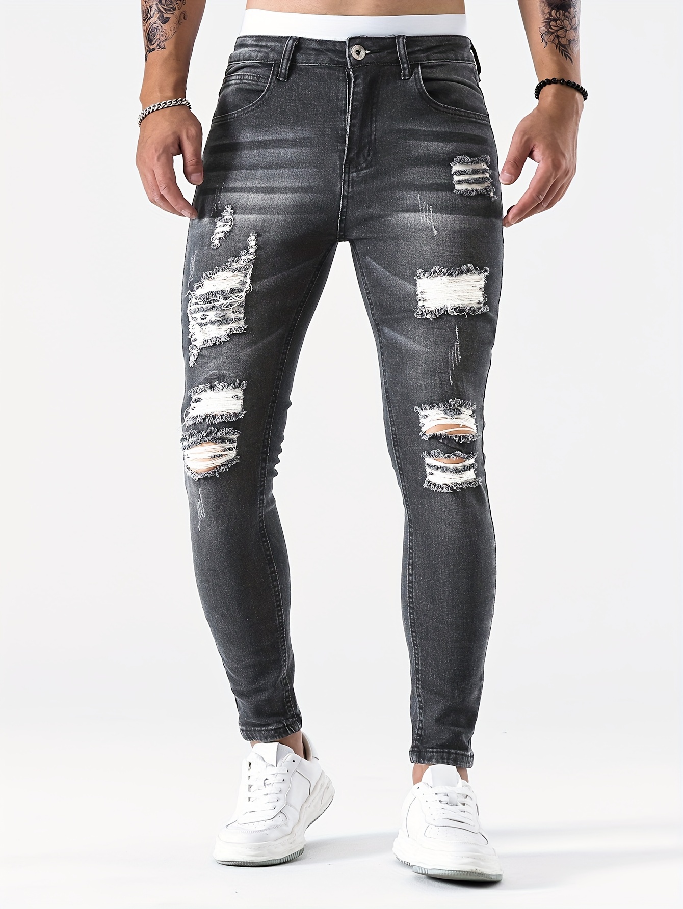 slim fit ripped jeans mens casual street style distressed medium stretch denim pants details 0