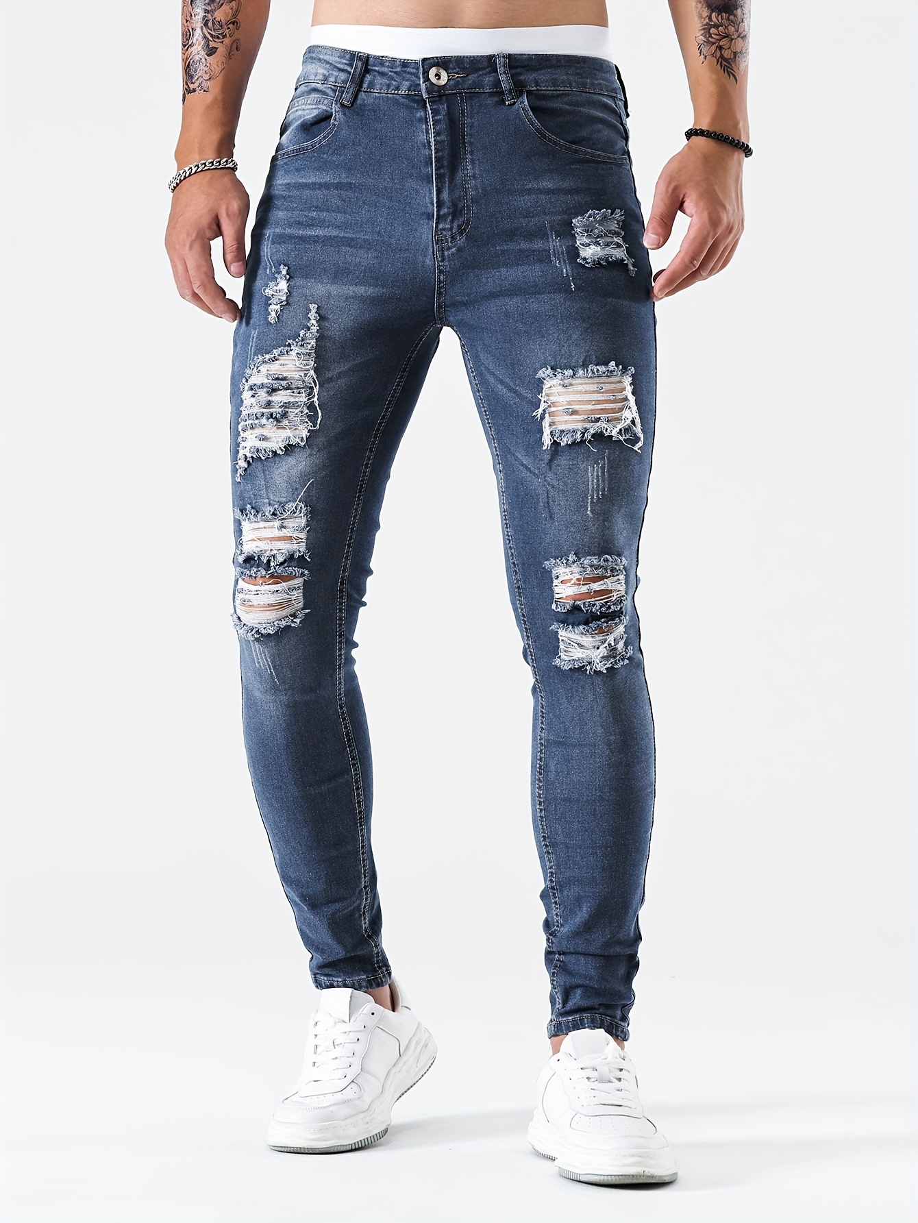 slim fit ripped jeans mens casual street style distressed medium stretch denim pants details 9