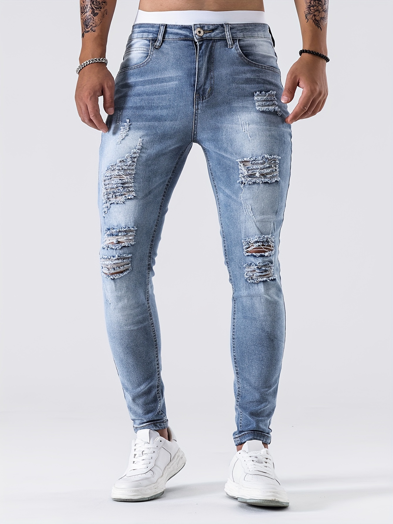 slim fit ripped jeans mens casual street style distressed medium stretch denim pants details 21