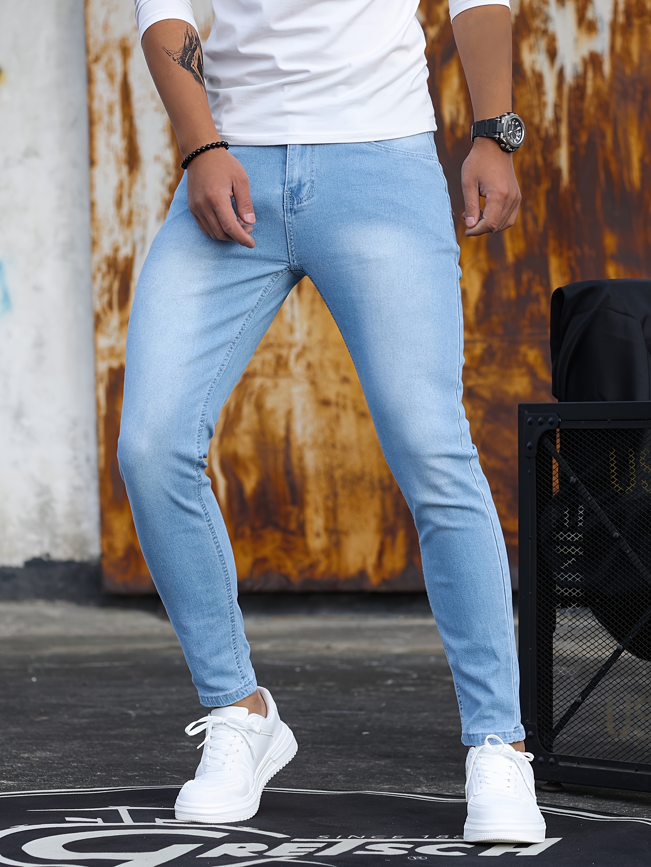 mens casual skinny jeans chic street style medium stretch denim pants details 2