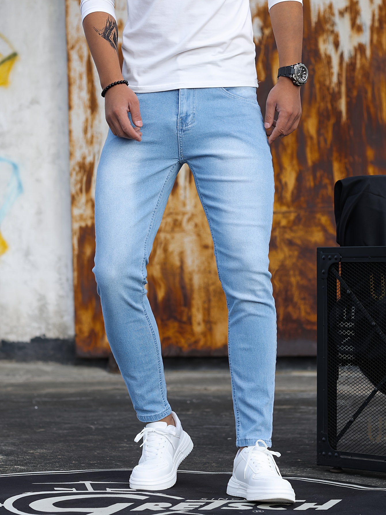 mens casual skinny jeans chic street style medium stretch denim pants details 6