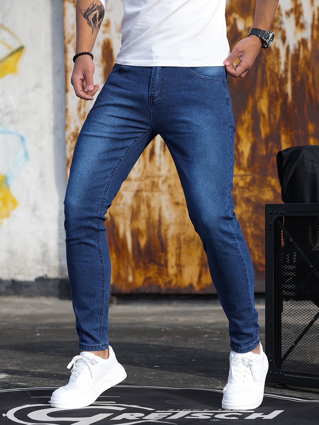 mens casual skinny jeans chic street style medium stretch denim pants details 10