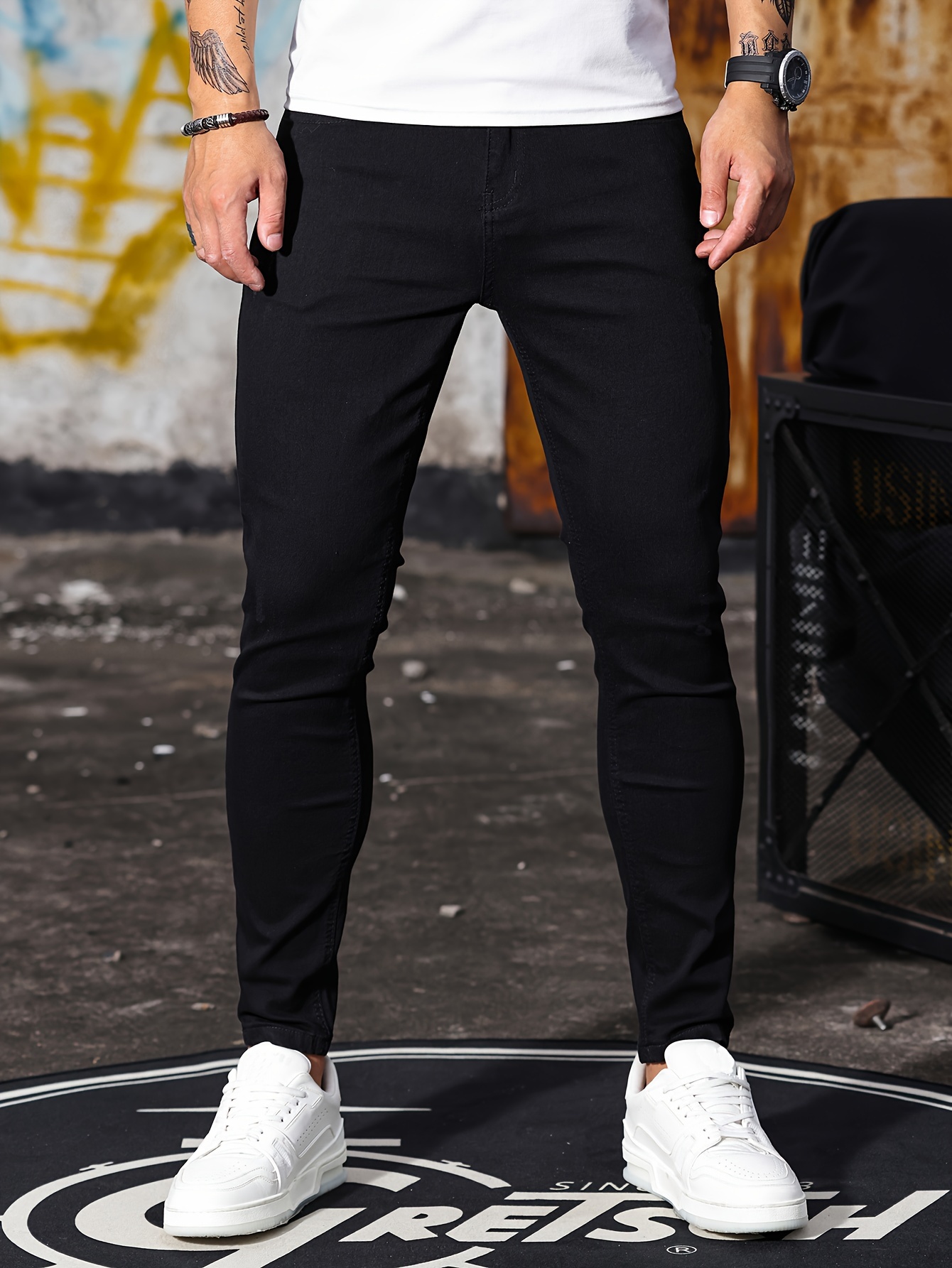 mens casual skinny jeans chic street style medium stretch denim pants details 16