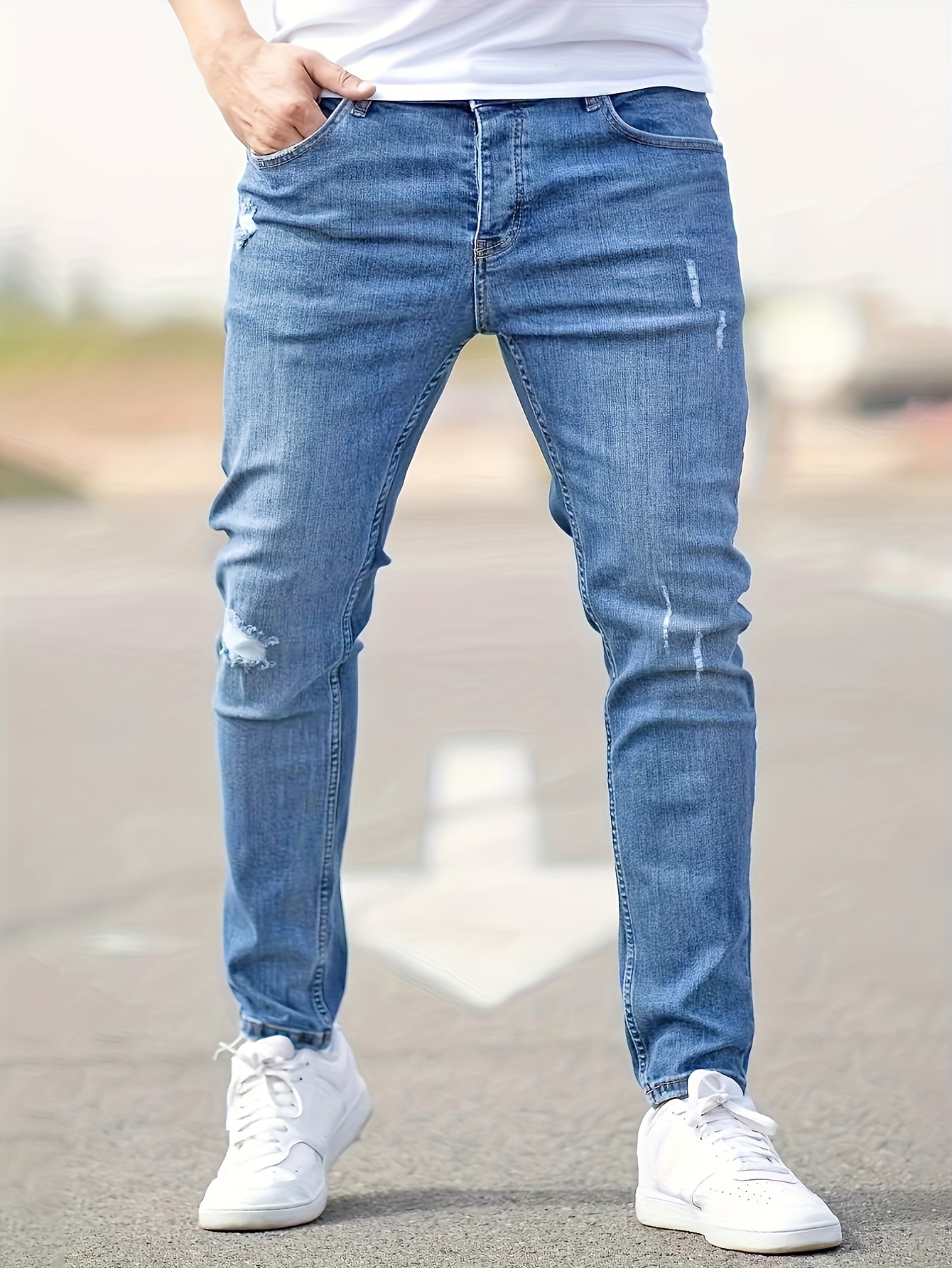 ripped design cotton slim fit jeans mens casual street style leg mid stretch denim pants for spring summer details 0