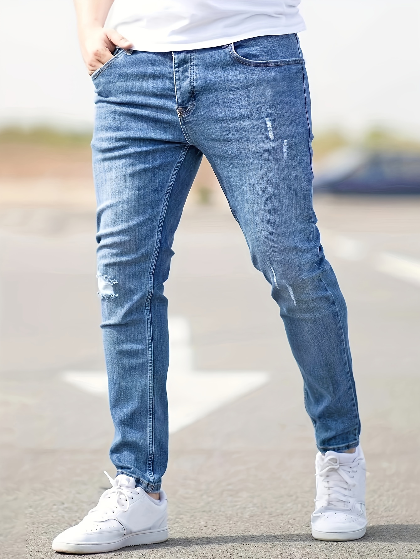 ripped design cotton slim fit jeans mens casual street style leg mid stretch denim pants for spring summer details 3