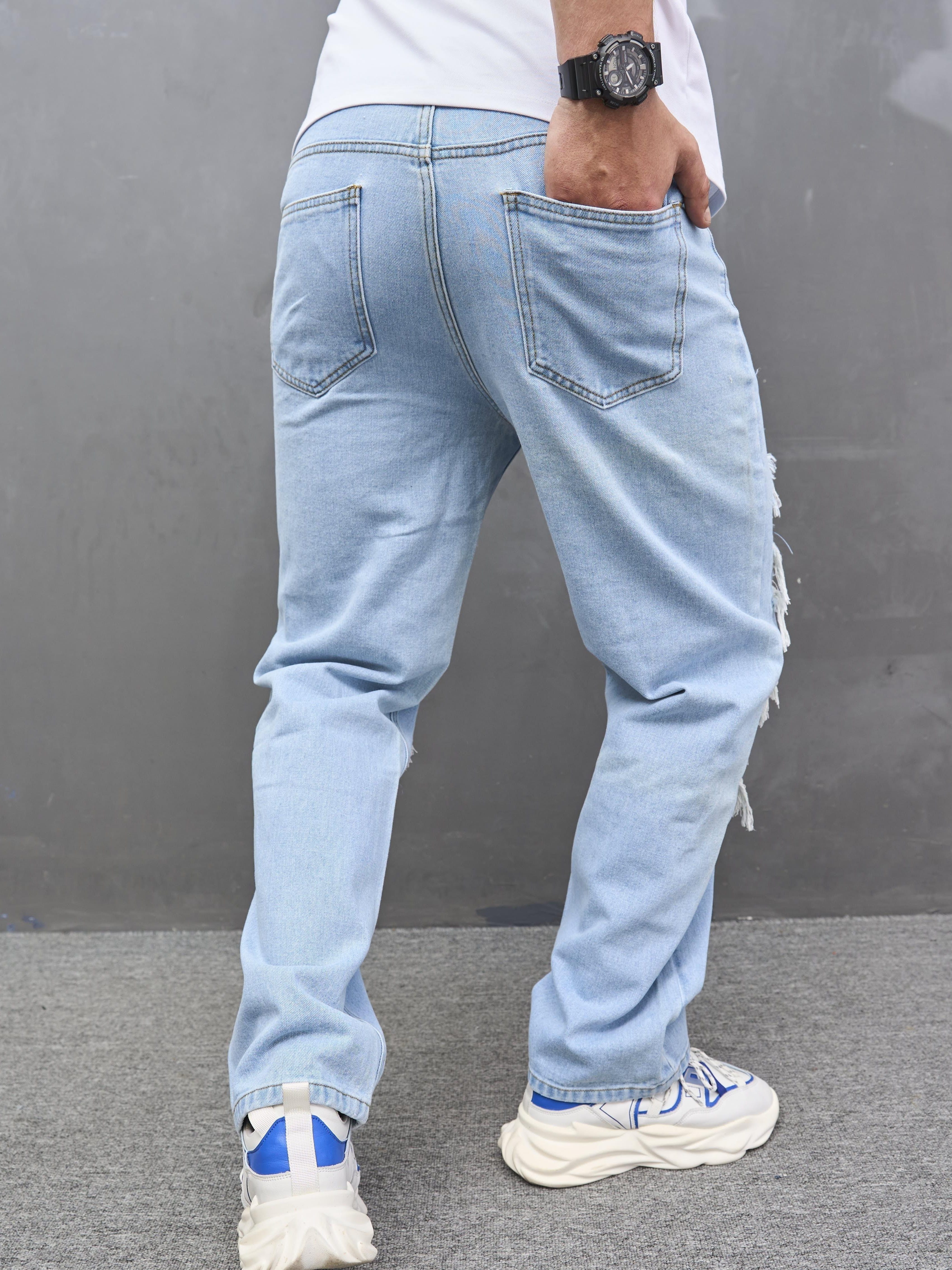 mens straight leg jeans casual street style raw trim denim pants with pockets details 2