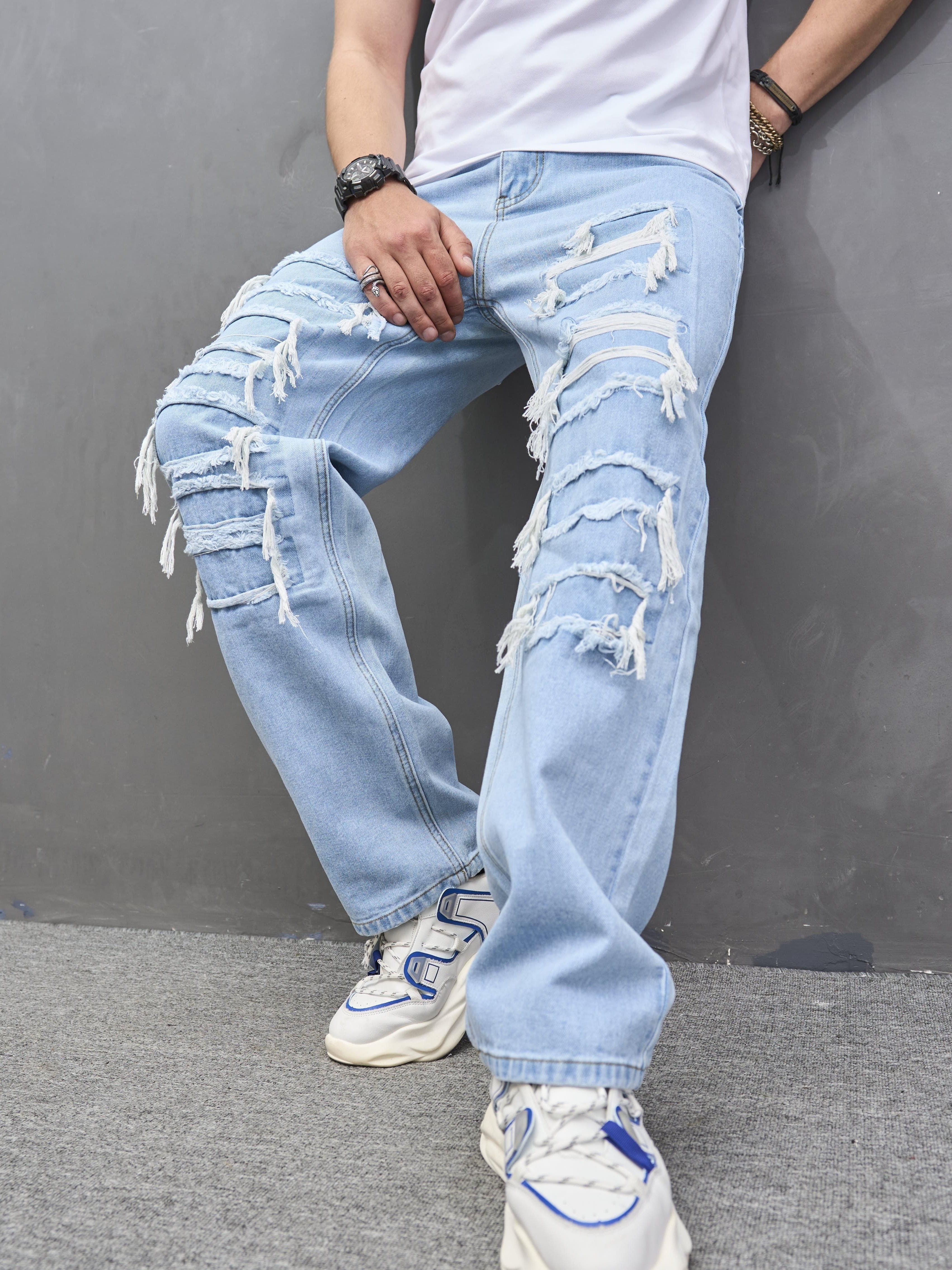 mens straight leg jeans casual street style raw trim denim pants with pockets details 3