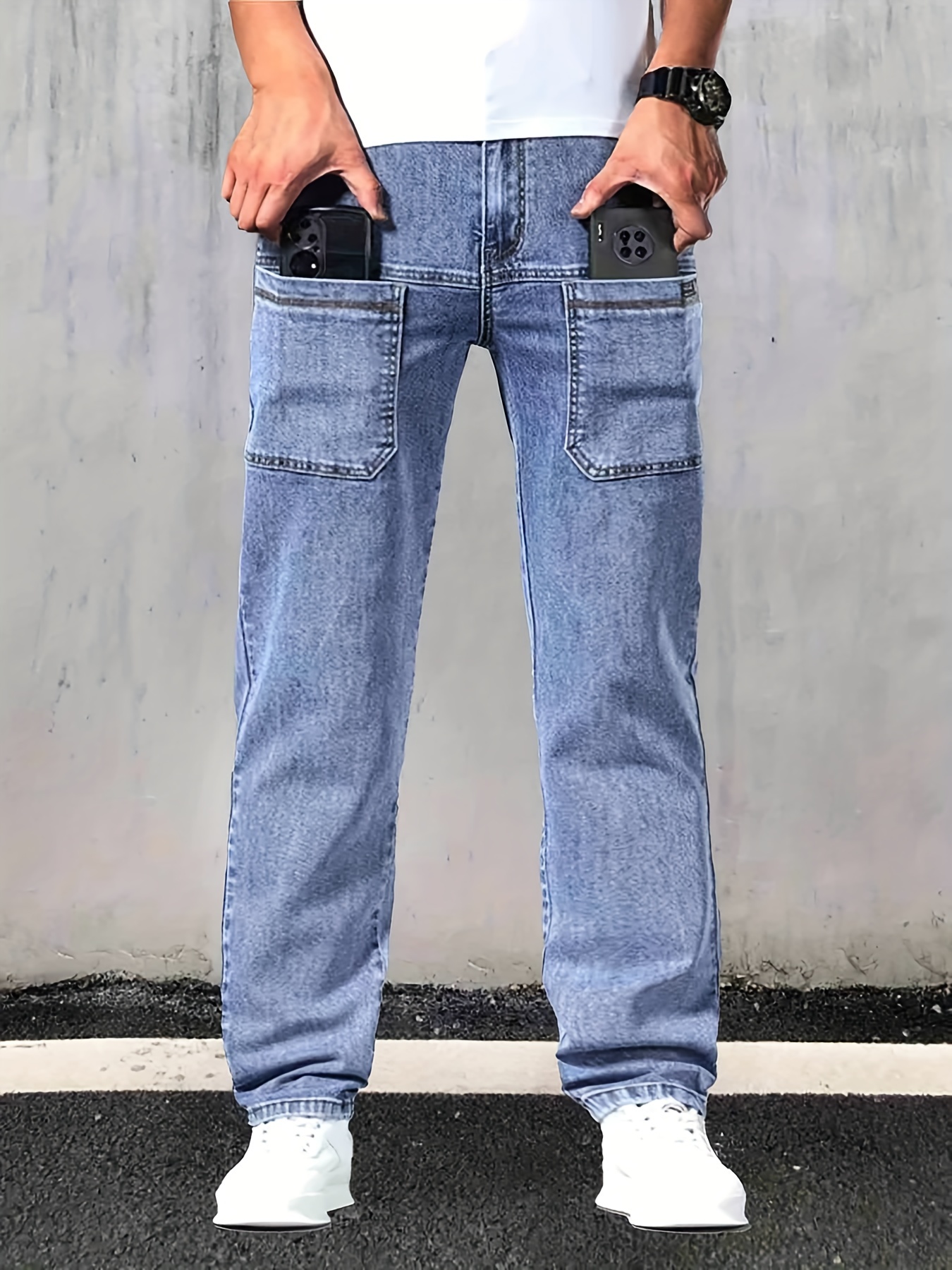 loose fit straight leg jeans mens casual street style multi pocket denim pants for all seasons details 4