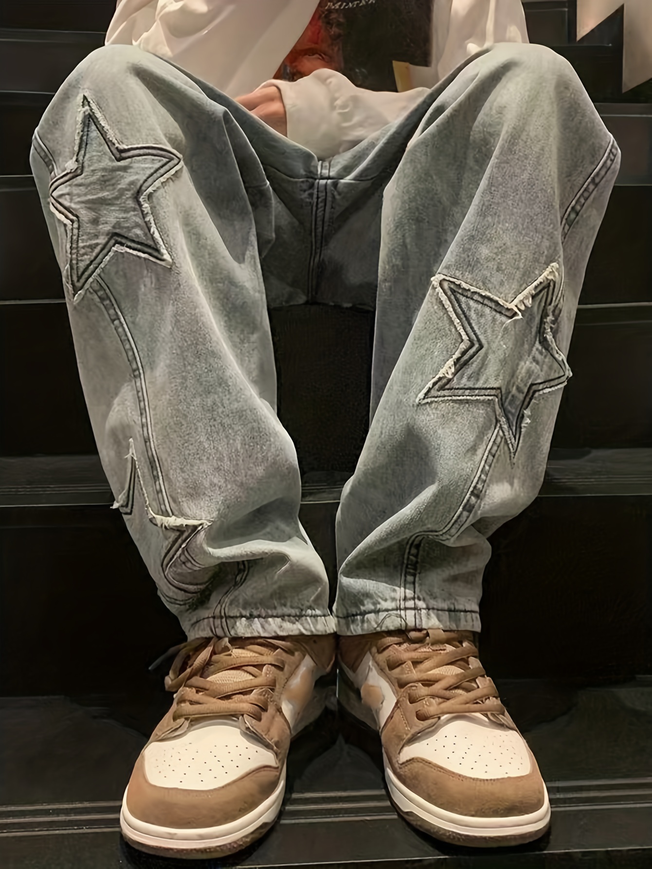 star pattern baggy jeans mens casual street style mopping pants details 2