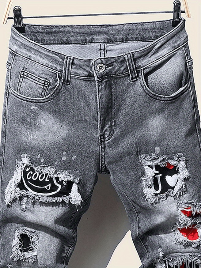 slim fit patchwork jeans mens casual street style distressed stretch denim pants details 4