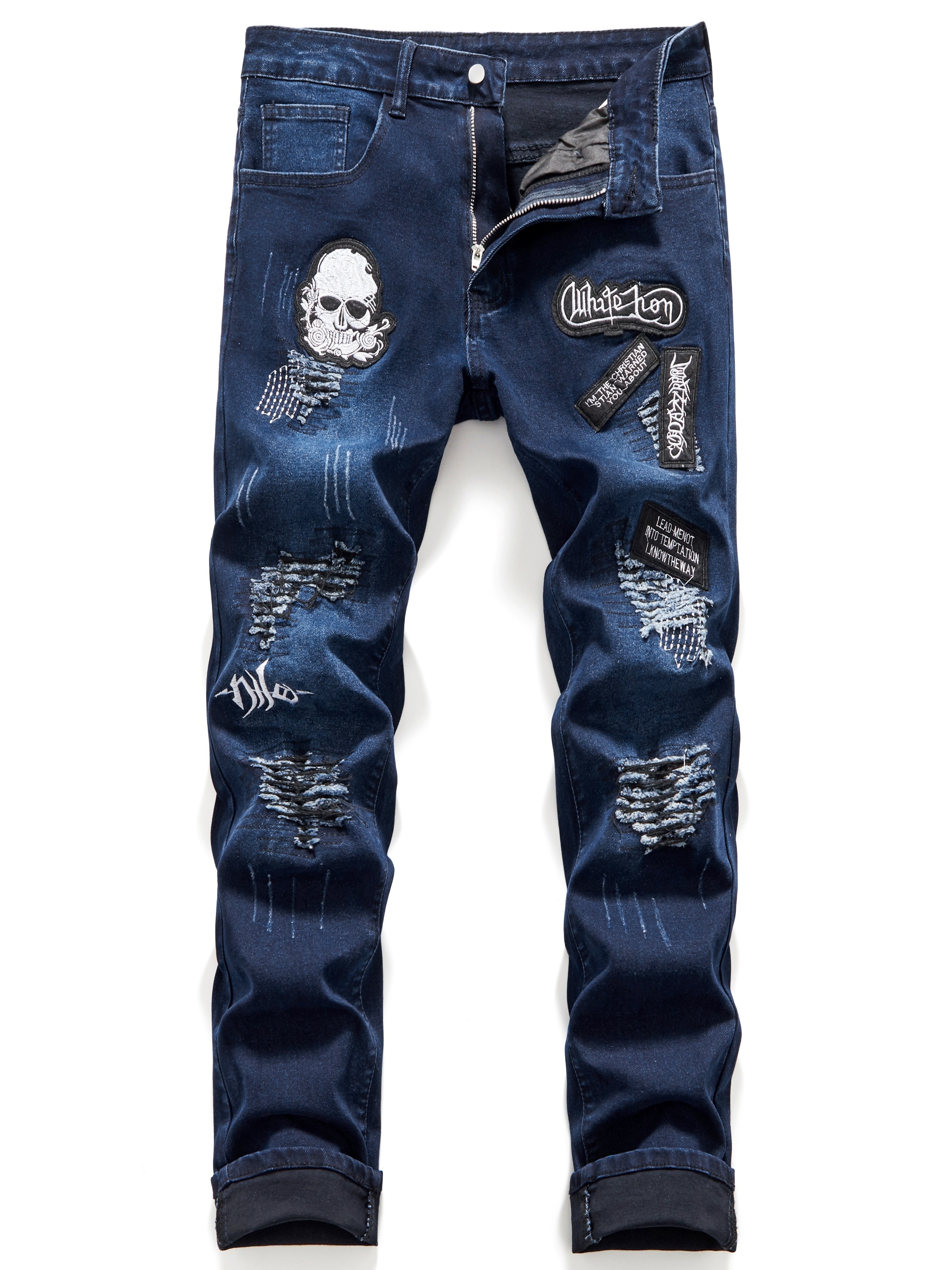 mens halloween patchwork jeans casual street style medium stretch denim pants details 0