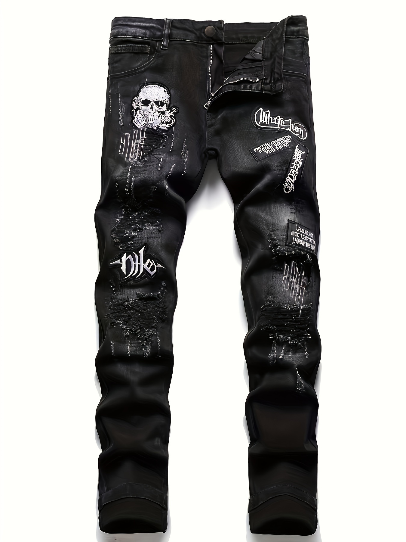 mens halloween patchwork jeans casual street style medium stretch denim pants details 7