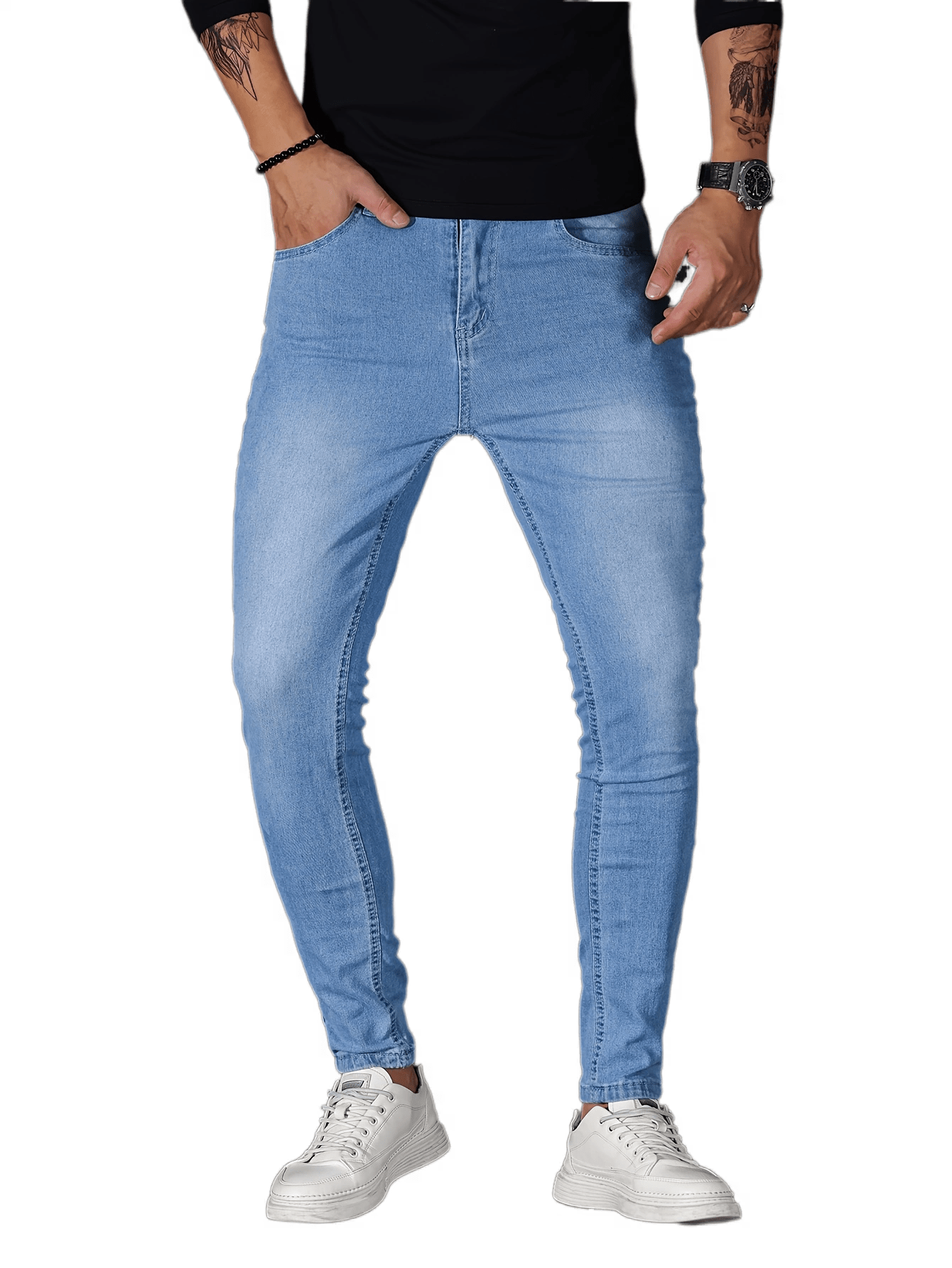 mens casual skinny medium stretch jeans chic street style denim pants details 12